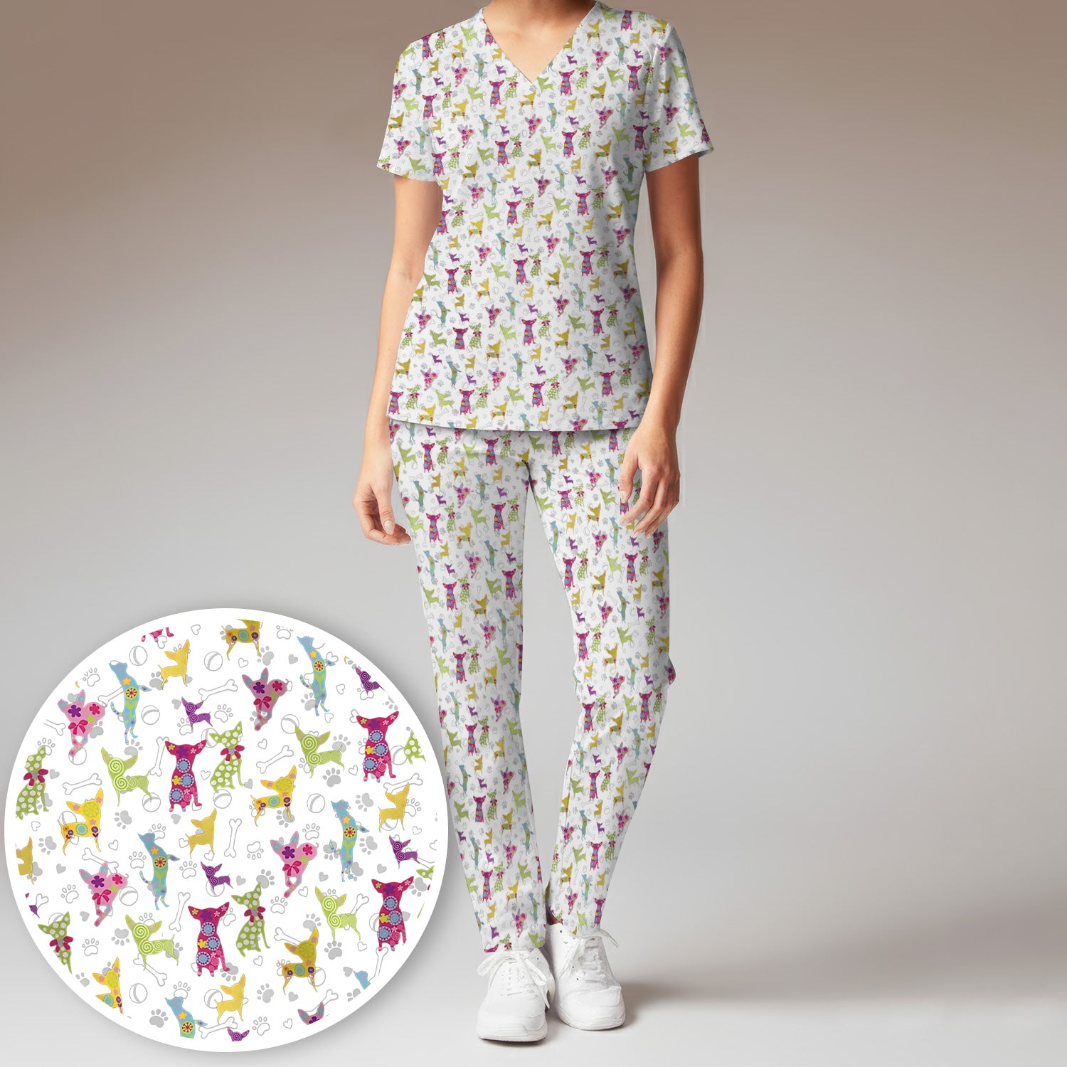 Colorful Playful Dog Print Nurse Scrub Set, Scrub Pants and V Neck Top
