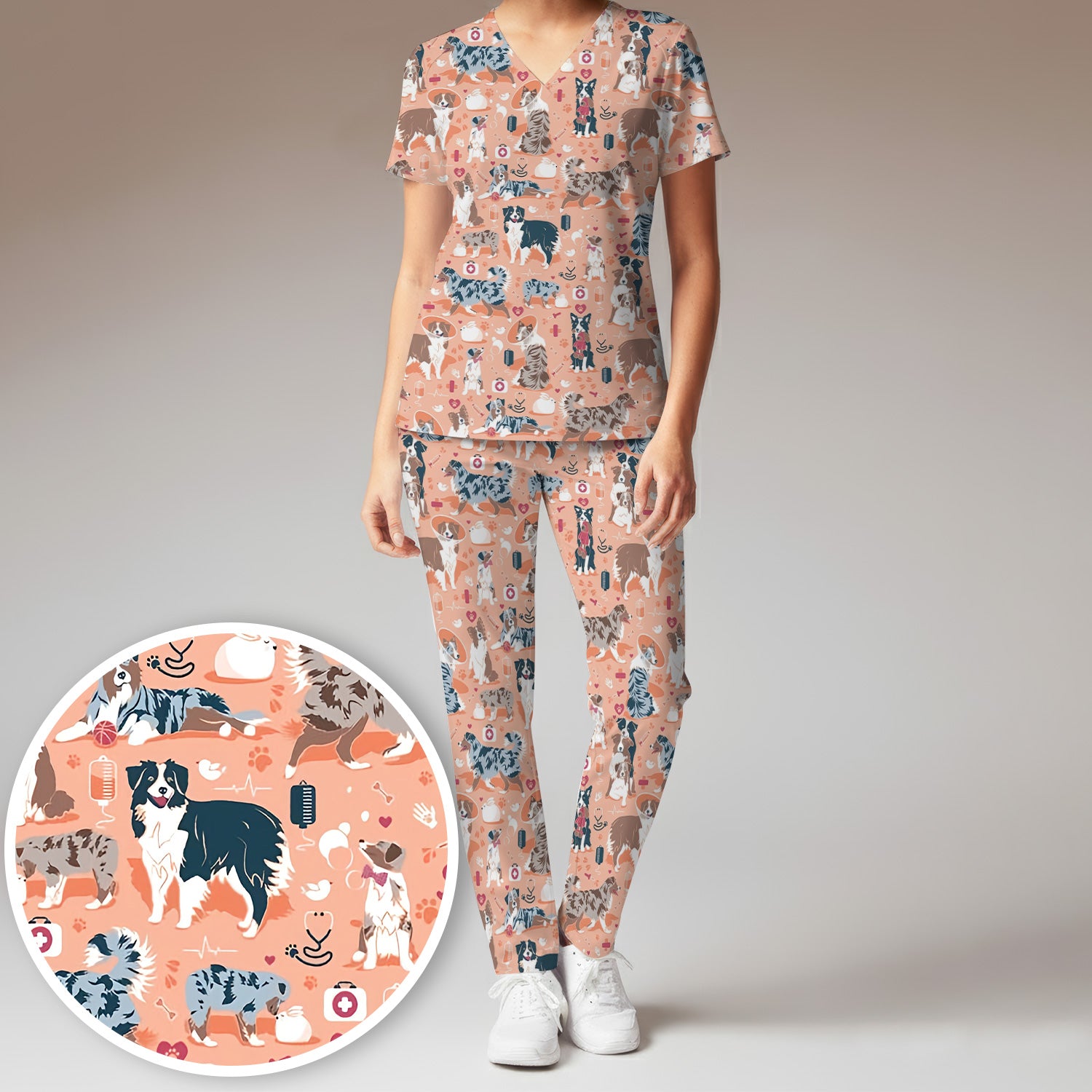 Cute Dog Pattern Women's Veterinary Scrub Set, Scrub Pants and V Neck Top