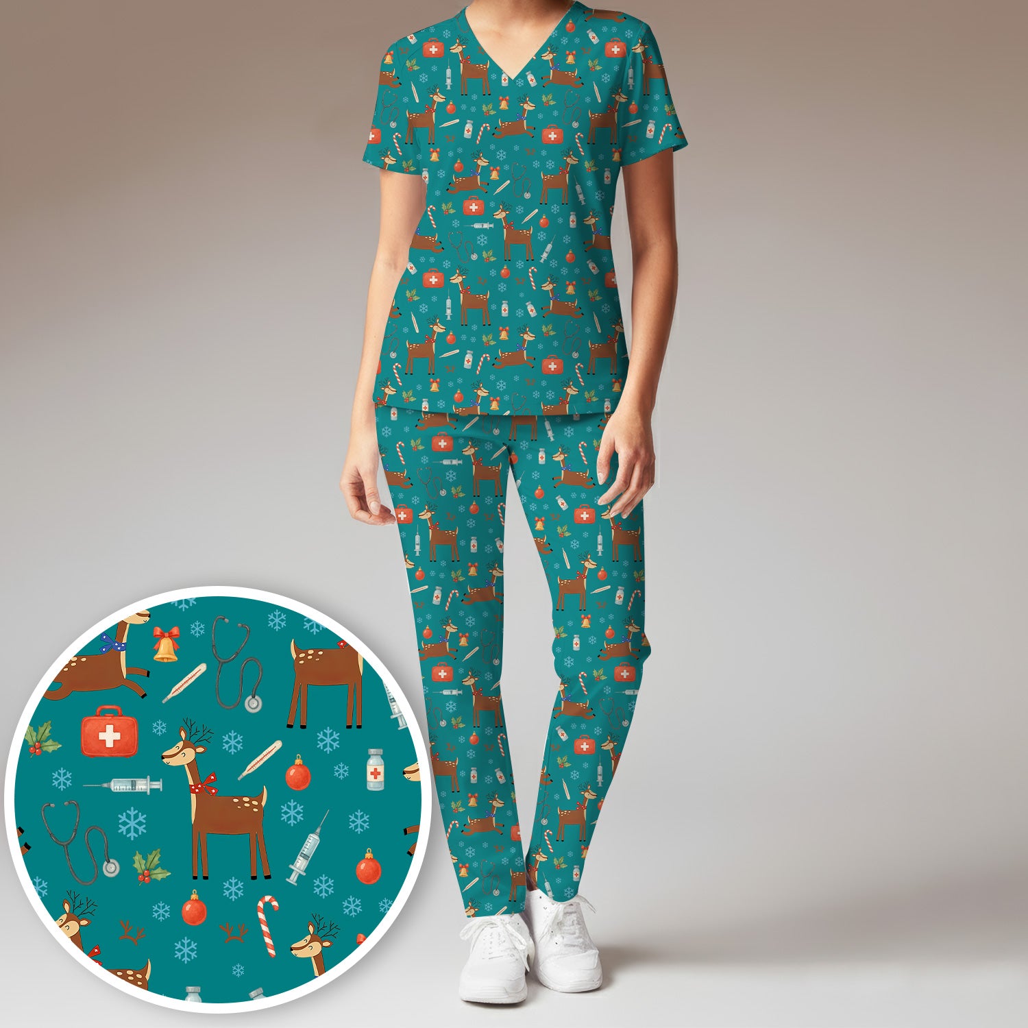 Reindeer Christmas Scrub Set - Snowflakes Candy Canes Holiday Scrubs Pants and V Neck Top - Xmas Gift for Women RN CNA LPN