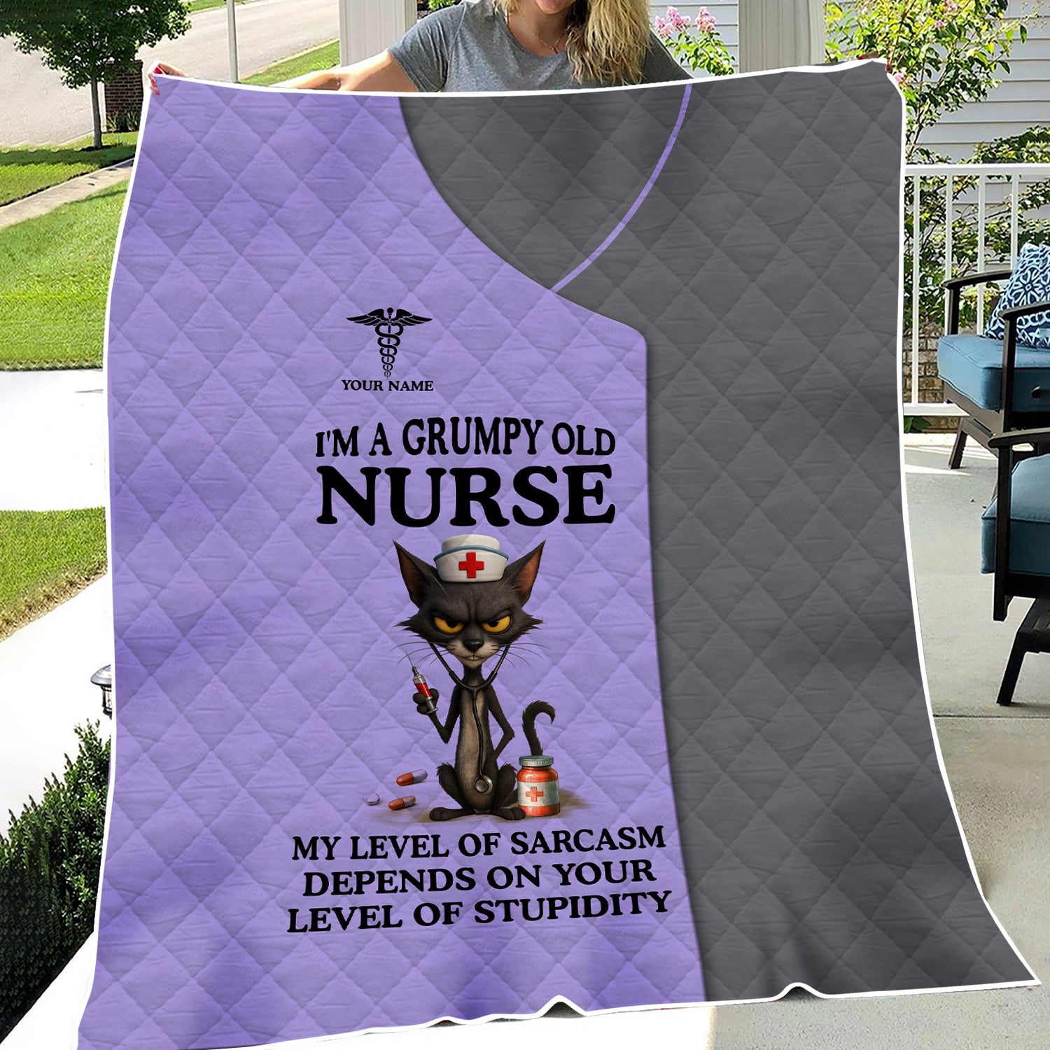 Custom Name Grumpy Old Nurse Blanket - Angry Cat Sarcastic Humor for RN LPN CNA Medical Staff Gift  - Multiple Color Options Available Keepsake