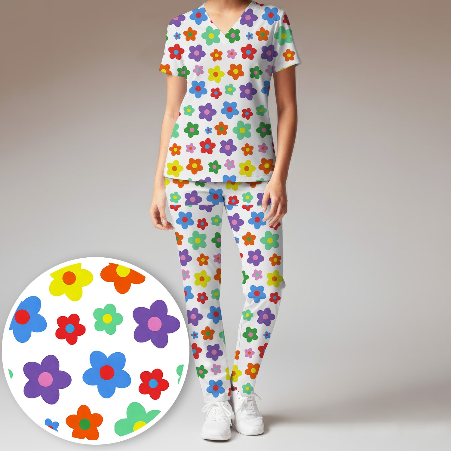 Colorful Retro Flower Pattern Print Scrub Set, Scrub Pants and V Neck Top