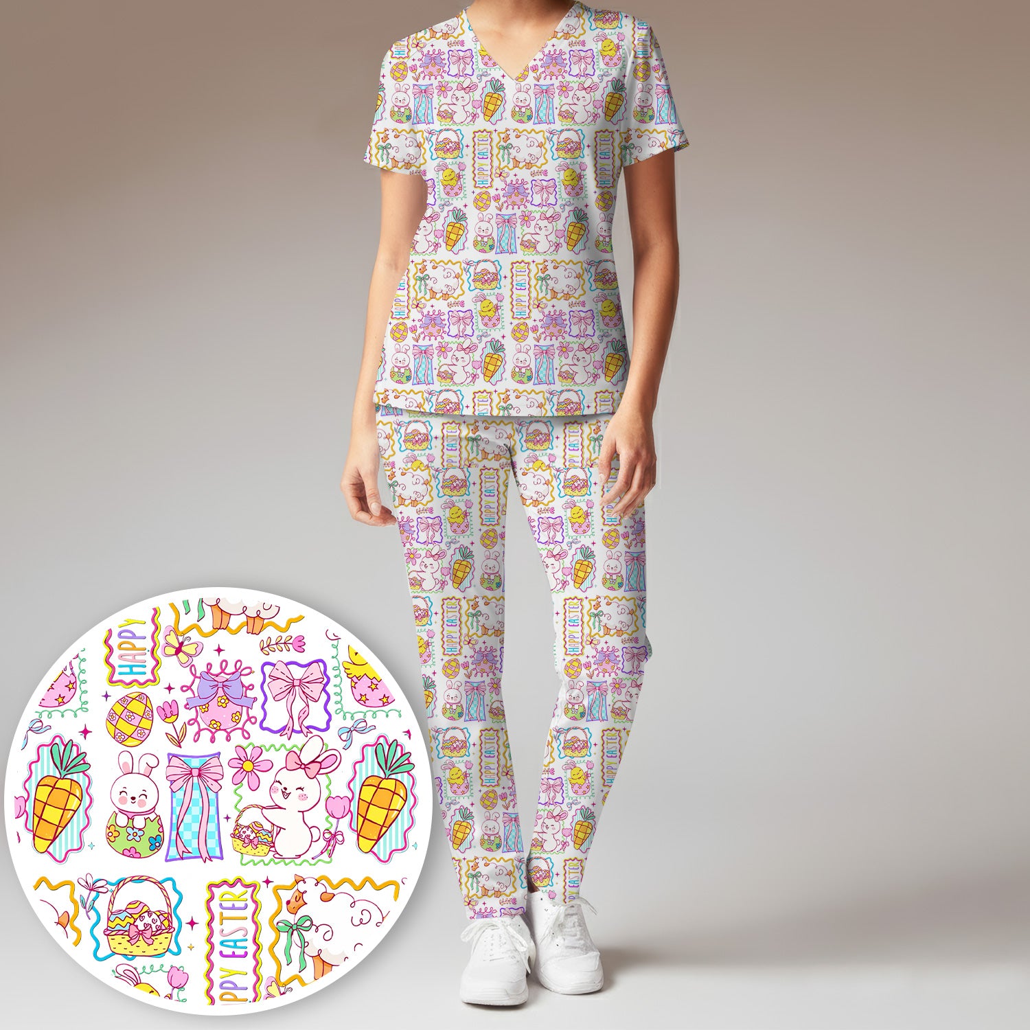 Cute Easter Bunny Egg and Bow Print Scrub Set, Scrub Pants and V Neck Top