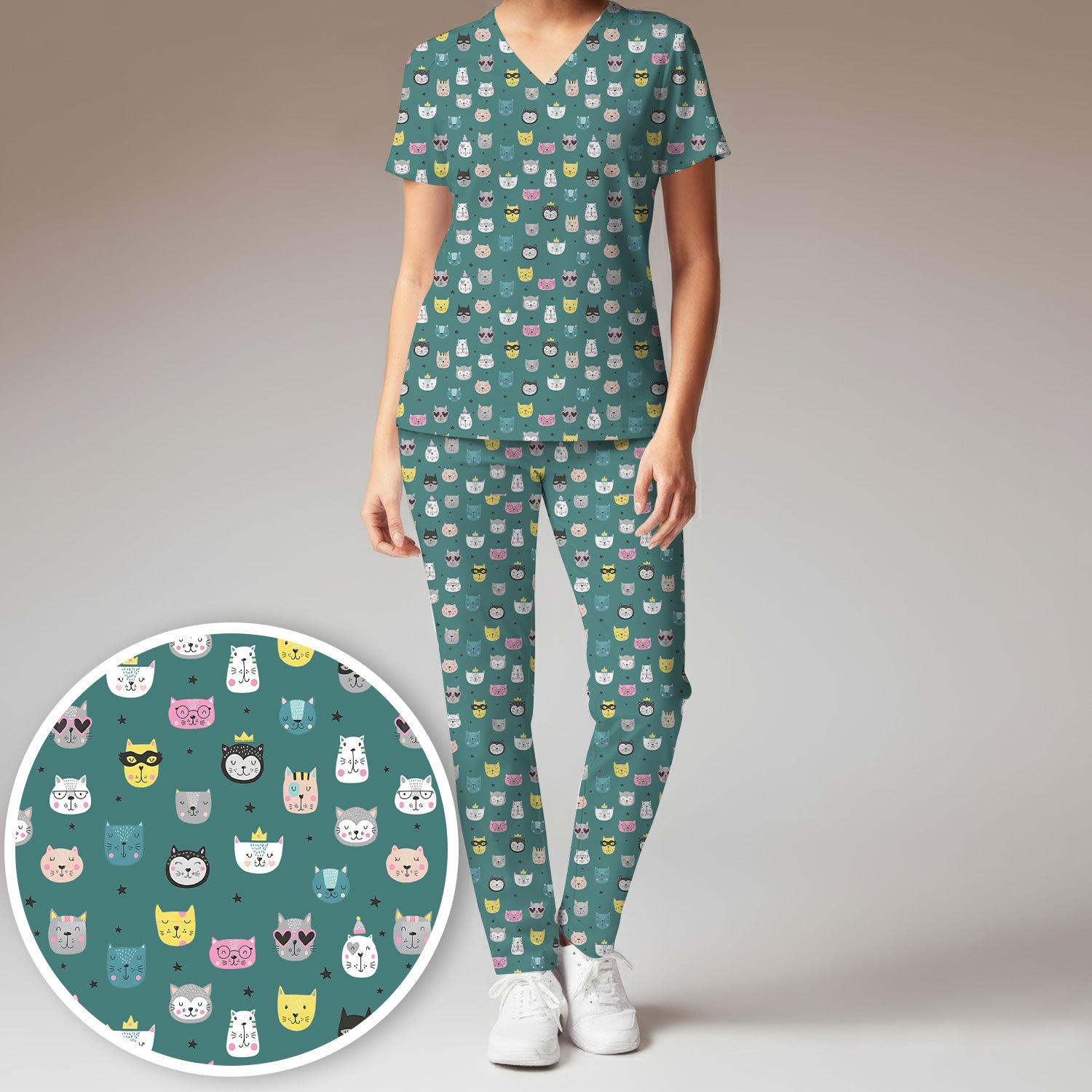 Cute Colorful Cat Pattern Women's Scrub Sets, Breathable Med Uniform