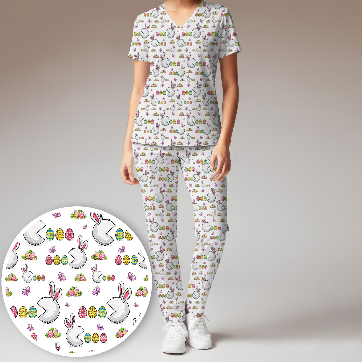 Easter Bunny and Colorful Eggs Print Scrub Set, Breathable Med Uniform