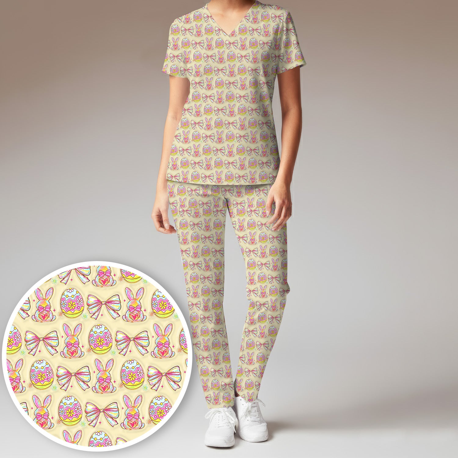 Easter Bunny Pastel Egg Bow Pattern Scrub Set, Breathable Med Uniform