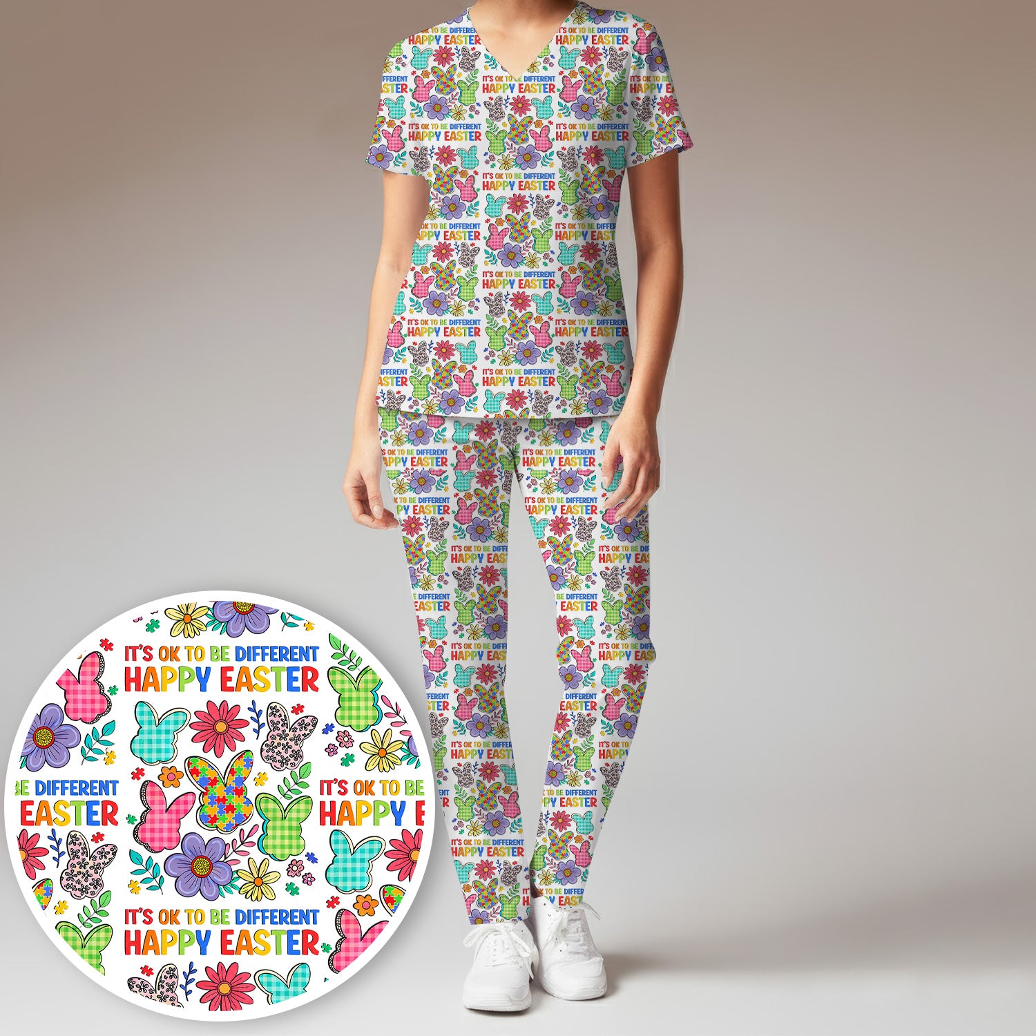 Happy Easter Bunny Floral Print Scrub Set, Breathable Med Uniform