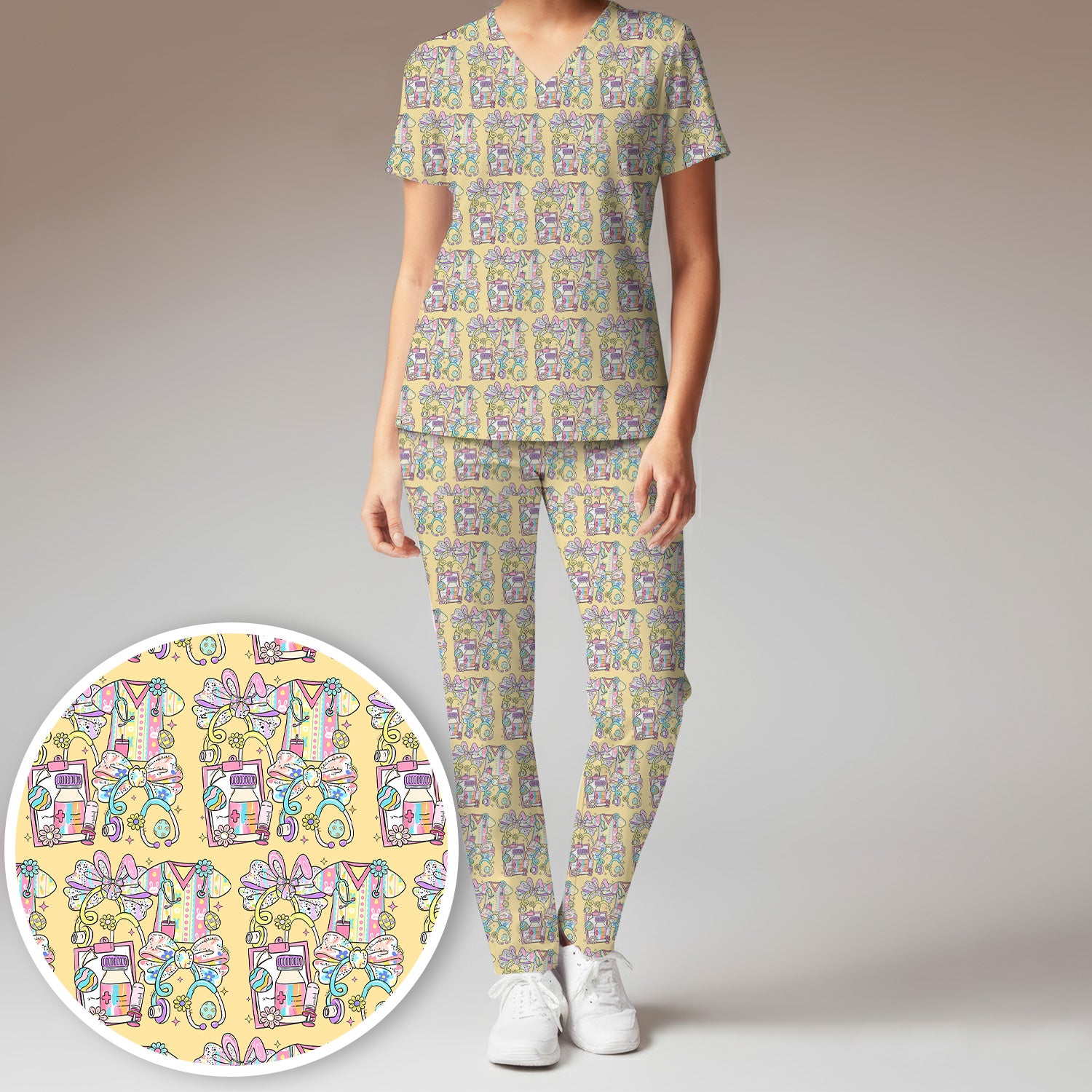 Colorful Nurse Scrub Supplies Pattern Scrub Set, Scrub Pants and V Neck Top