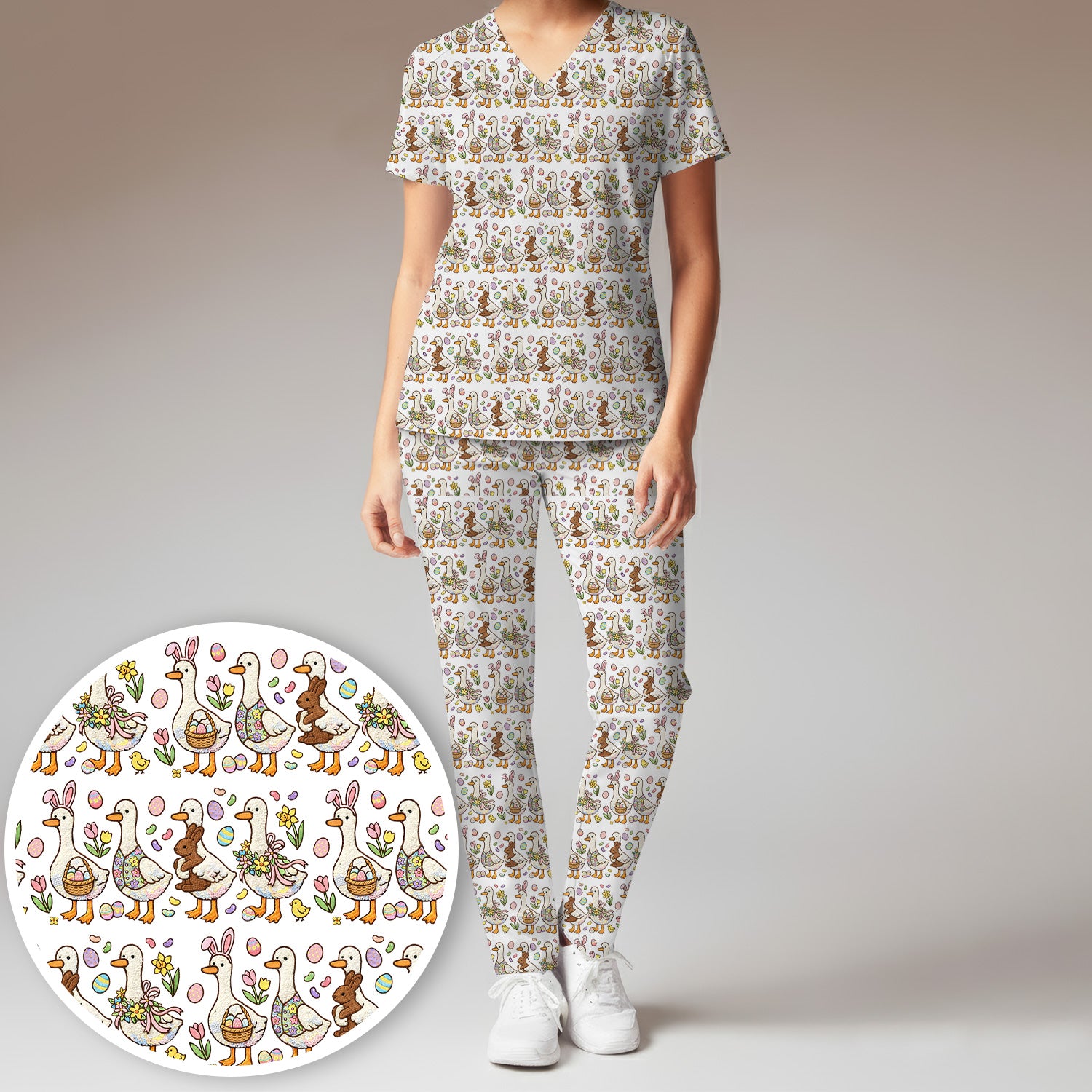 Easter Theme Duck and Bunny Egg Floral Print Scrub Set, Breathable Med Uniform