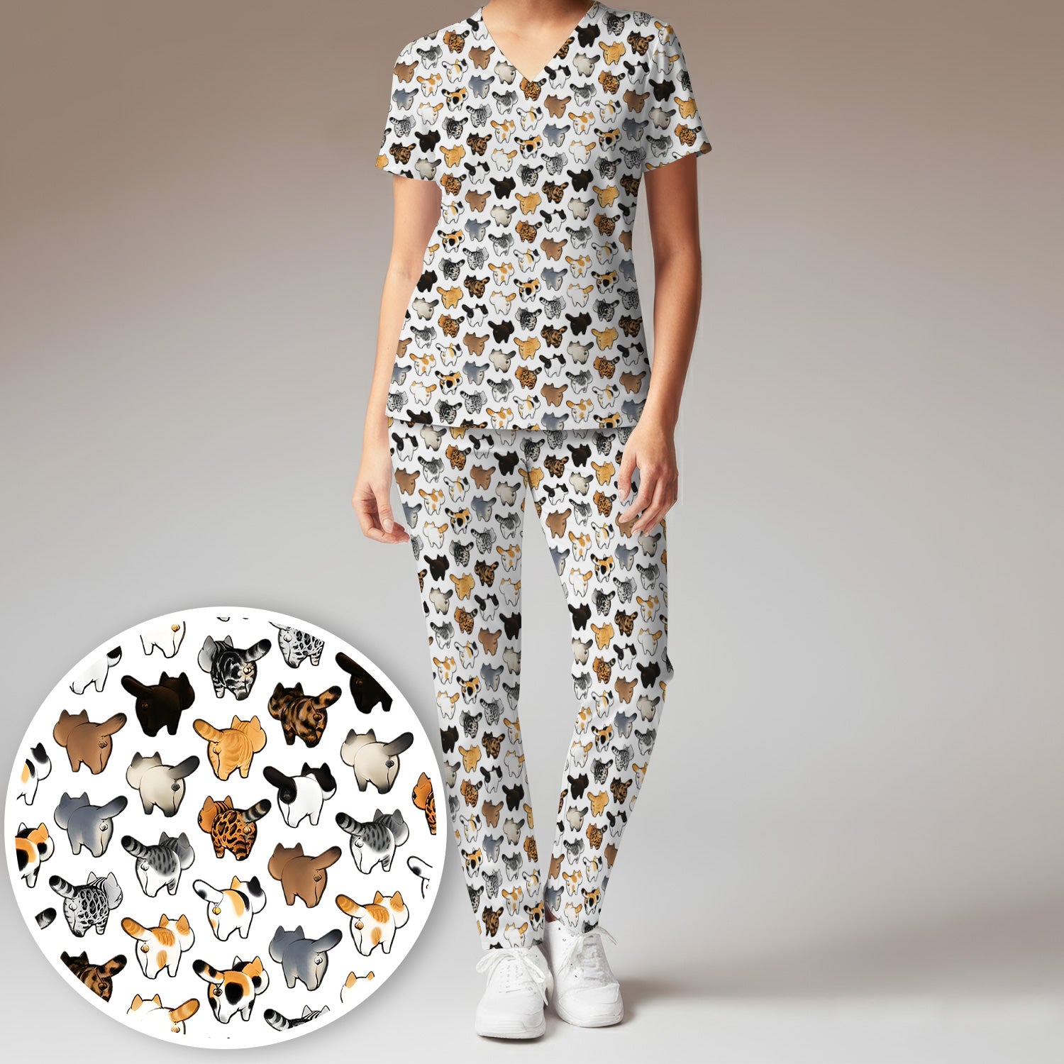 Cat Butt Pattern Medical Scrub Set, Breathable Fabrics Nursing Uniform