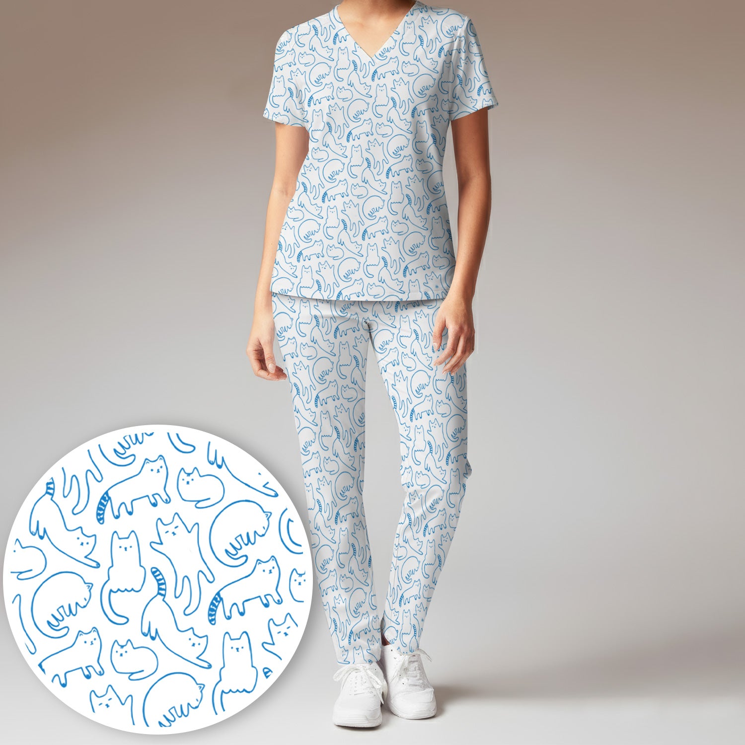 Artistic Cat Pattern Medical Scrub Set, Breathable Fabrics Nursing Uniform
