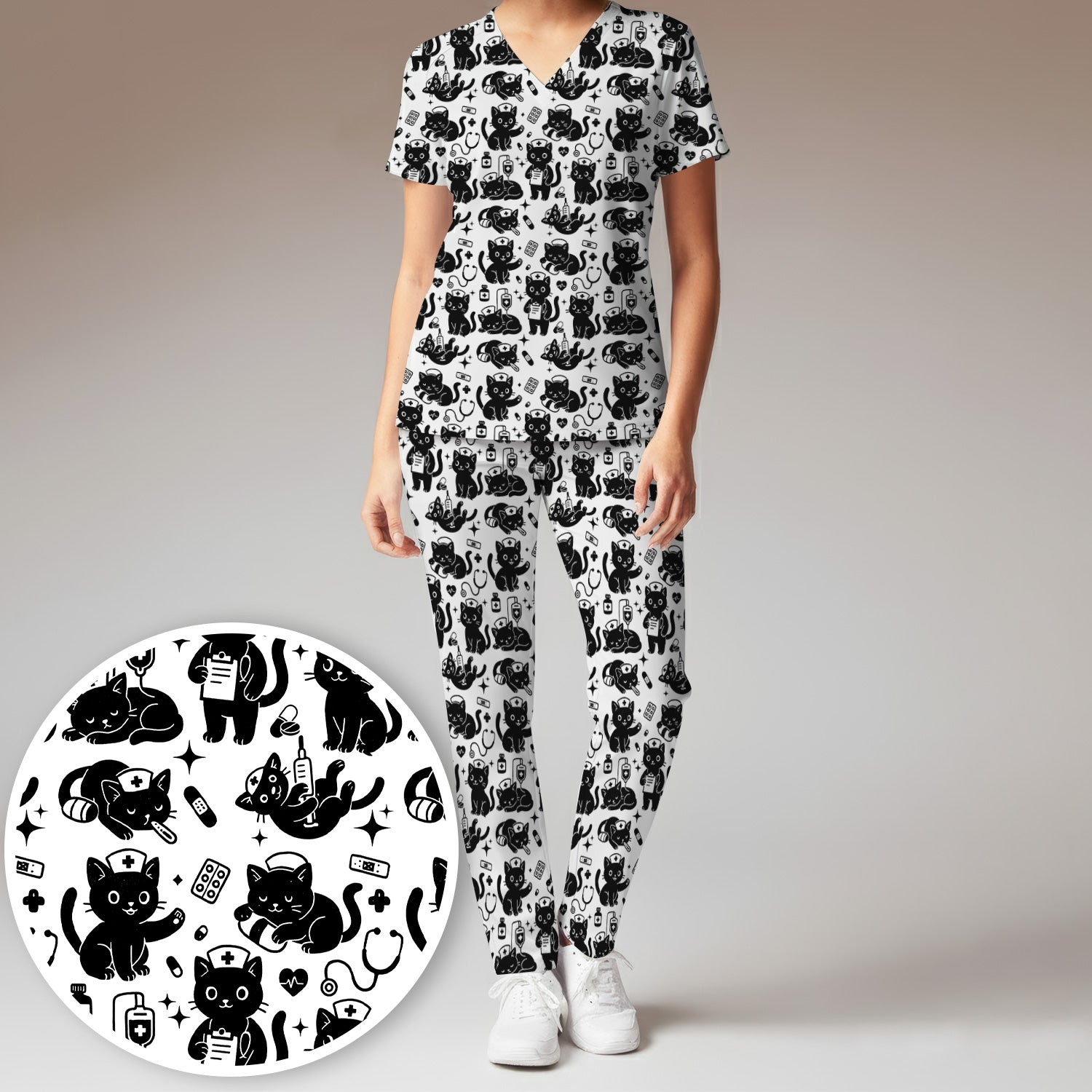 Cute Black Cat Nurse Pattern Scrub Set, Breathable Med Uniform