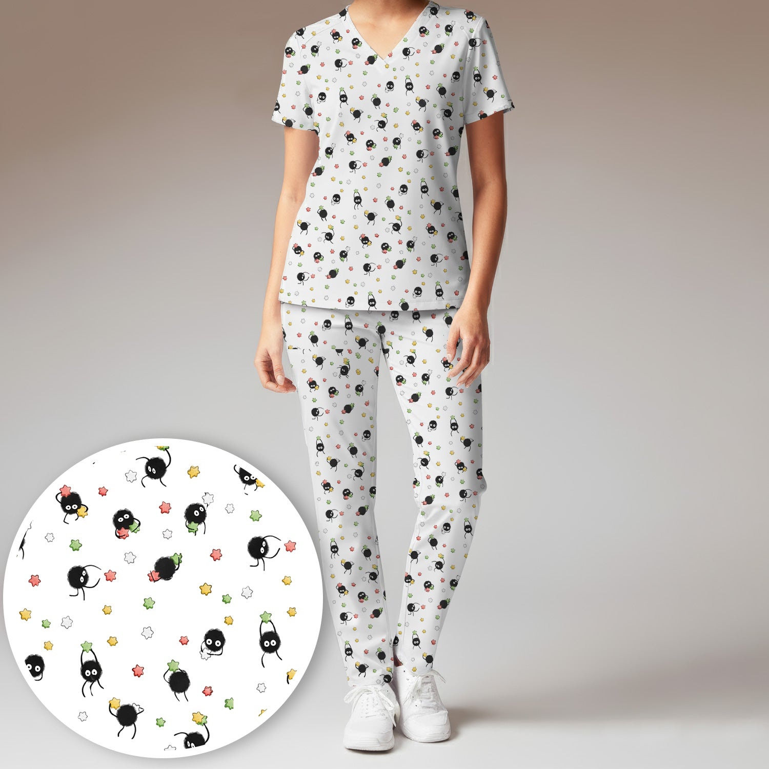 Funny Spider Pattern Pattern Pattern Scrub Set, Cartoon Spider Pattern Nursing Uniform For Women
