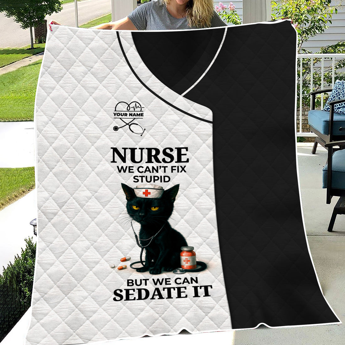 Personalized Funny Nurse Black Cat Blanket - Multiple Color Options Available - Custom Name Gift for RN CNA LPN Healthcare Workers