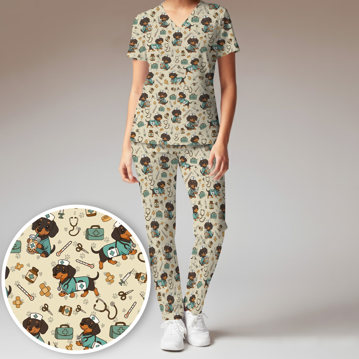 Funny Dachshund Nurse Scrubs Set - Cute Dog Print Medical Shirt - Holiday Nurse Scrub Top Gift for RN CNA Doctor, Women & Men