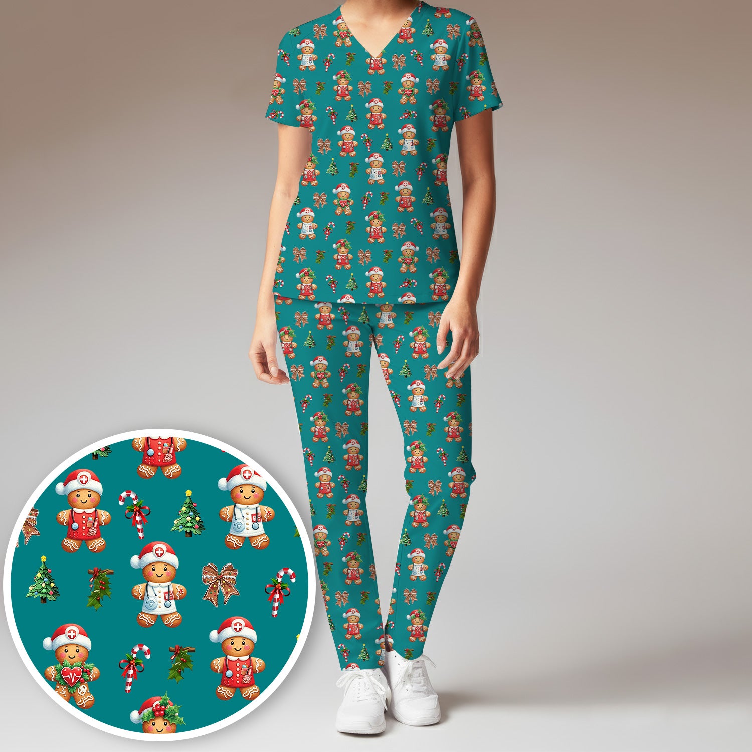 Funny Christmas Scrub Set for Nurse - Adorable Gingerbread Candy Cane Bow- Festive Medical Uniform for Women