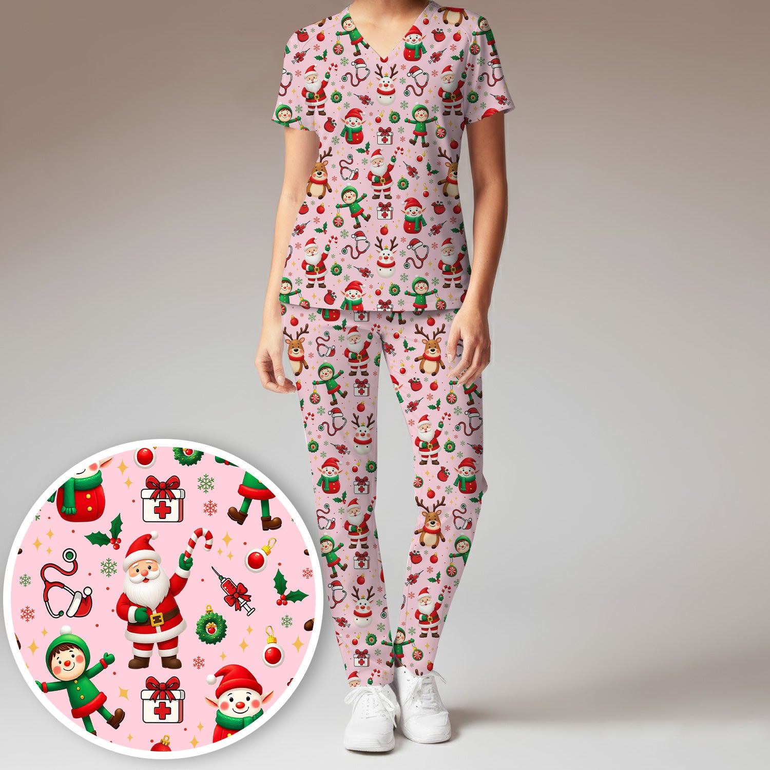 Santa Christmas Scrub Set - Cute Reindeer Scrubs Pants and V Neck Top - Festive Holiday Med Uniform for Women