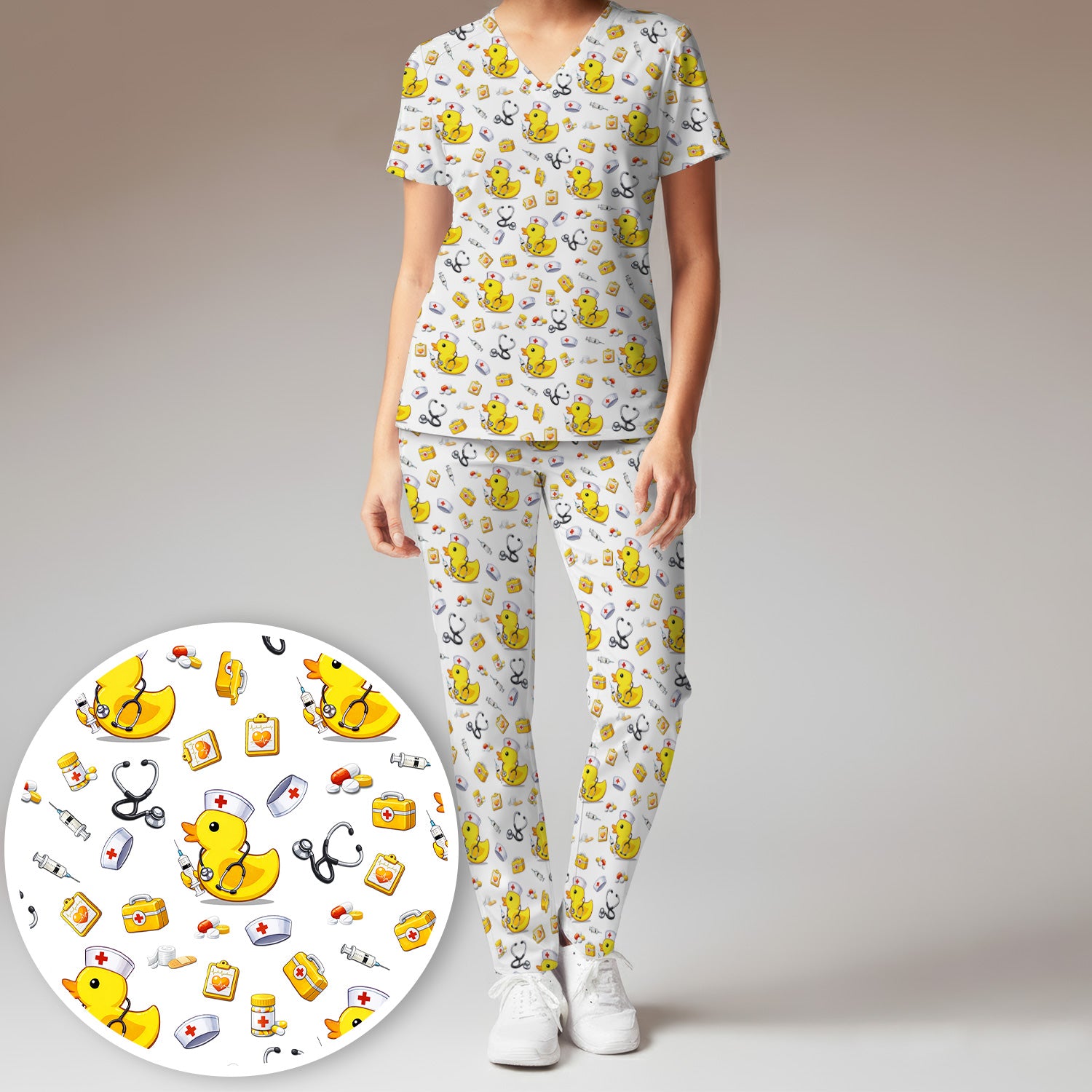 Playful Medical Duck Print Women's Scrub Set, Breathable Med Uniform