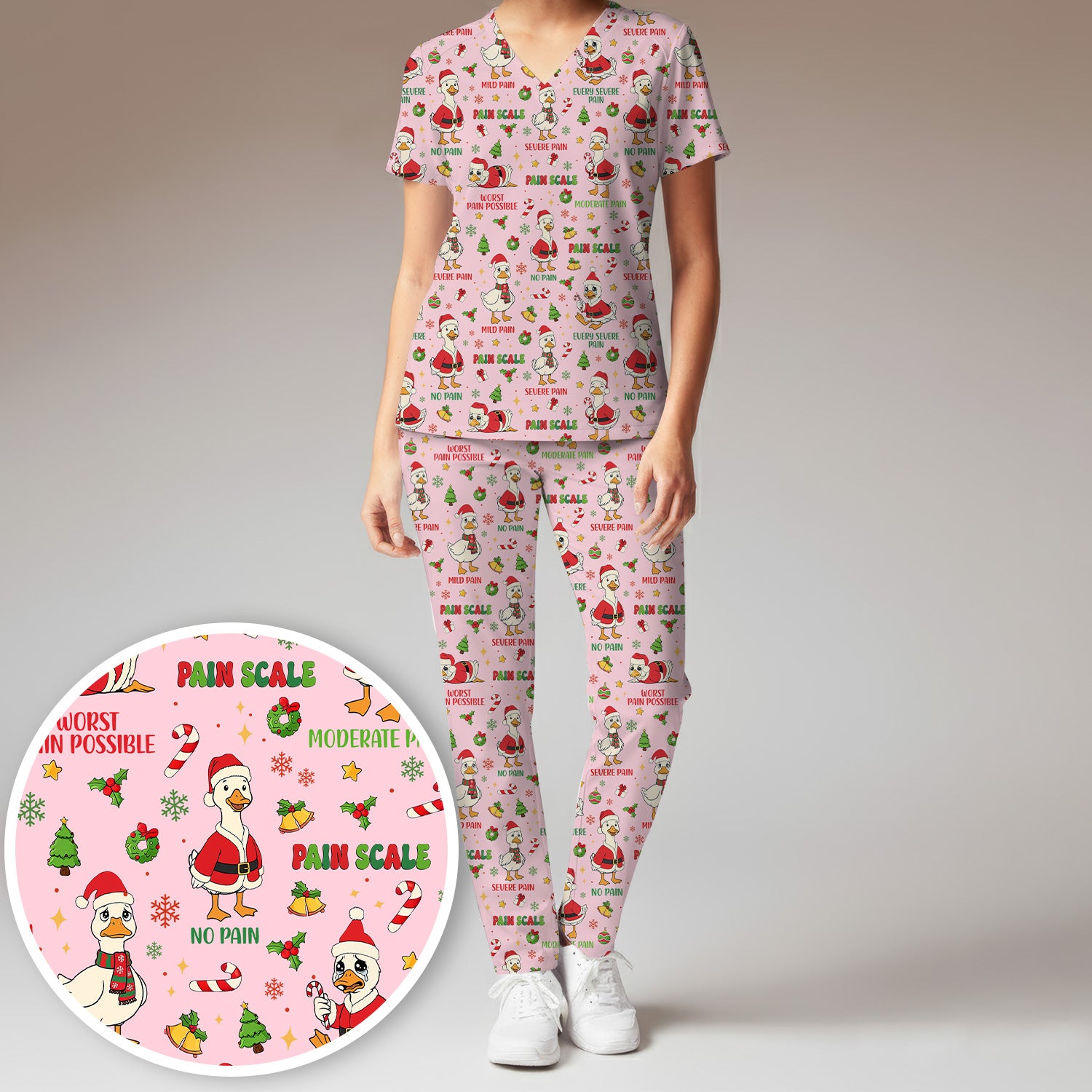 Christmas Nurse Scrub Set - Funny Goose Pain Scale Pants and V Neck Top - Cute Holiday Medical Uniform for RN LPN CNA