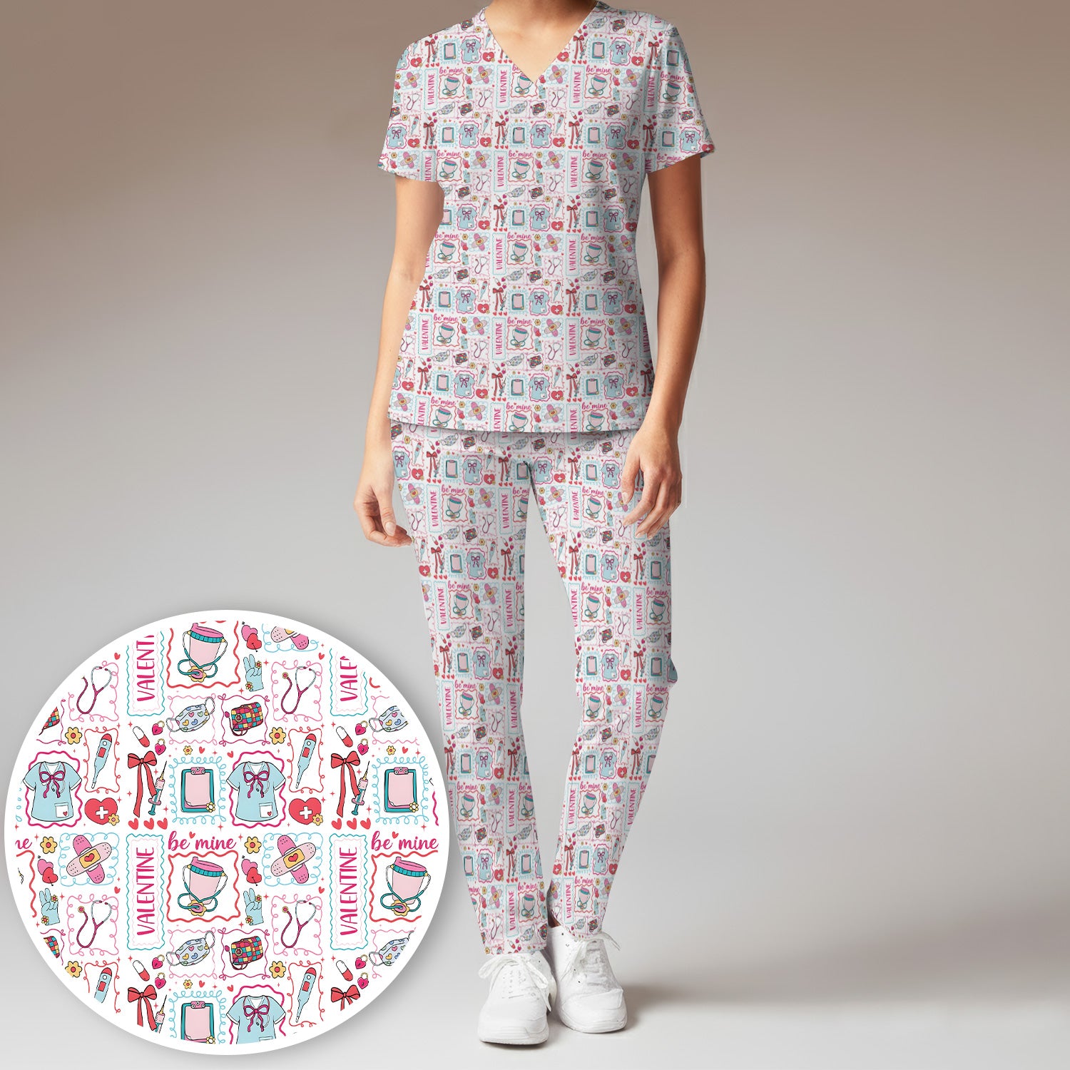 Valentine Medical Hearts Bandages Syringes Scrub Set, Breathable Med Uniform