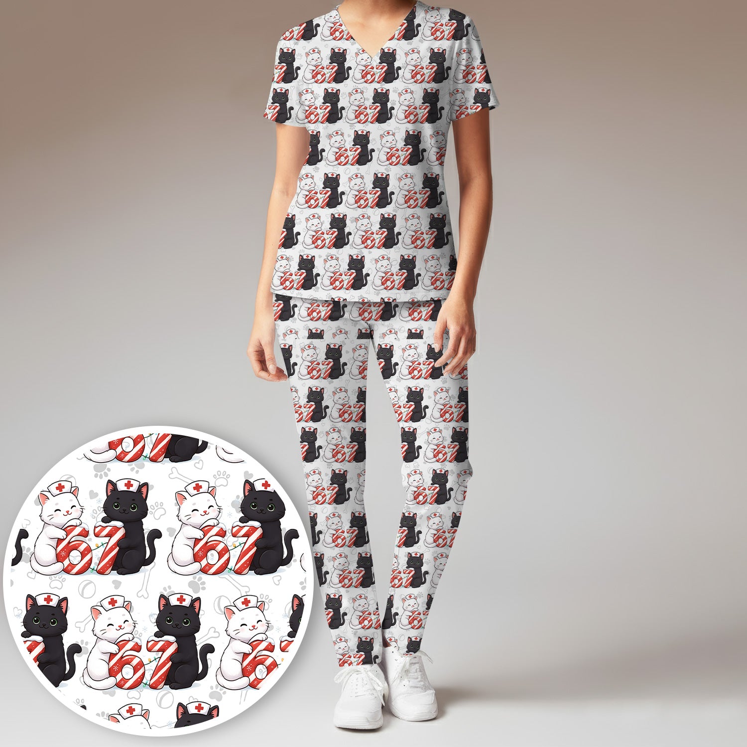Xmas Cat Pattern Scrub Set, Christmas Nurse Six Seven With Cat Scrub Shirt, Breathable Fabrics Nursing Uniform