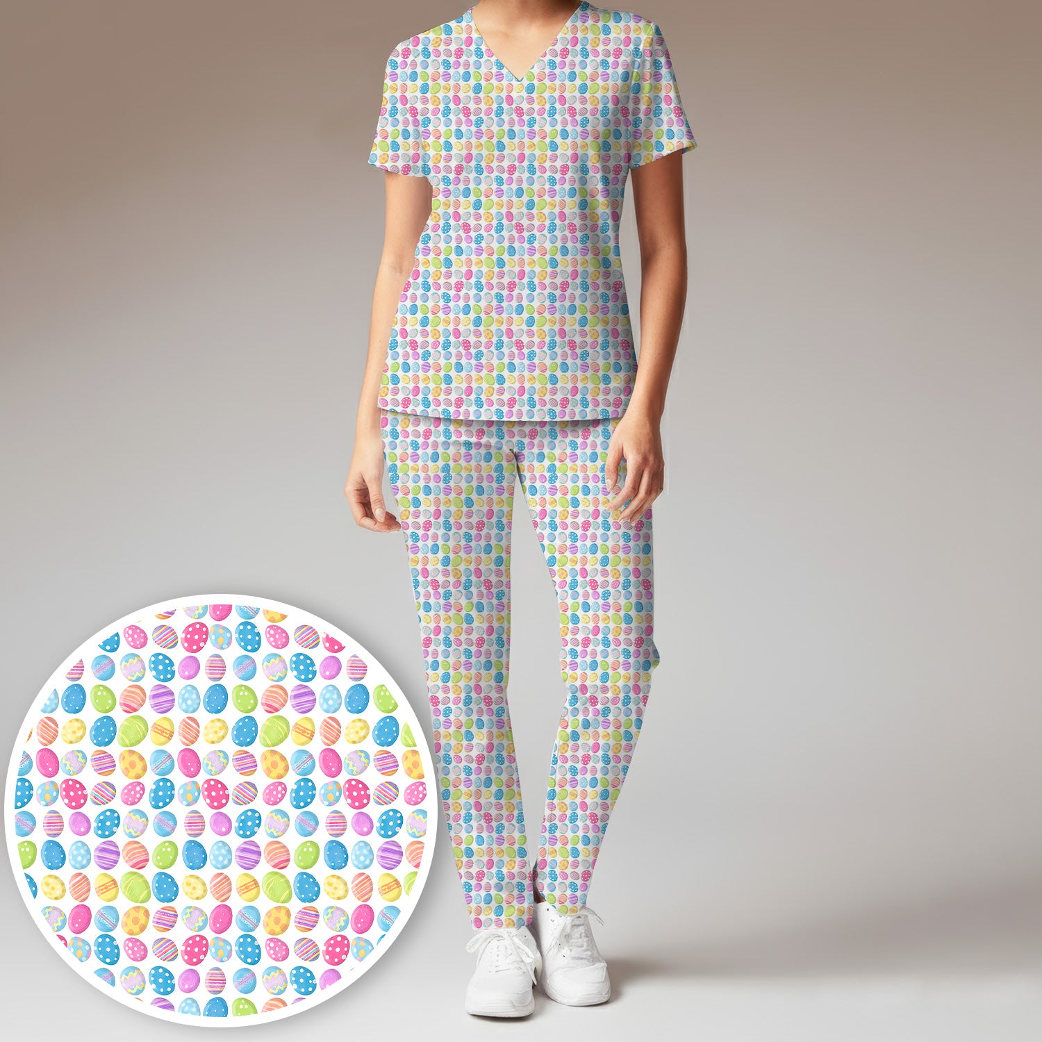 Colorful Easter Eggs Pattern Scrub Set, Scrub Pants and V Neck Top