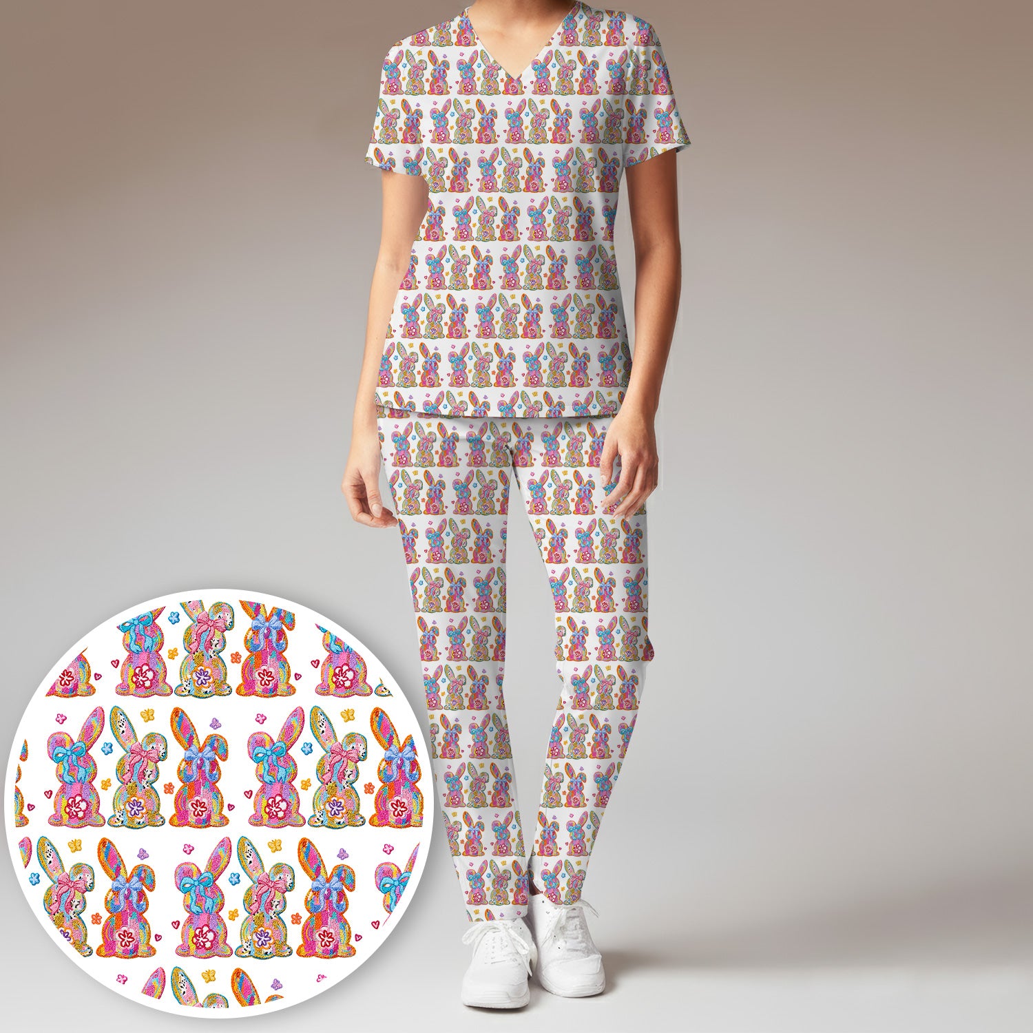 Cute Pastel Bunny Floral Pattern Scrub Set, Breathable Med Uniform