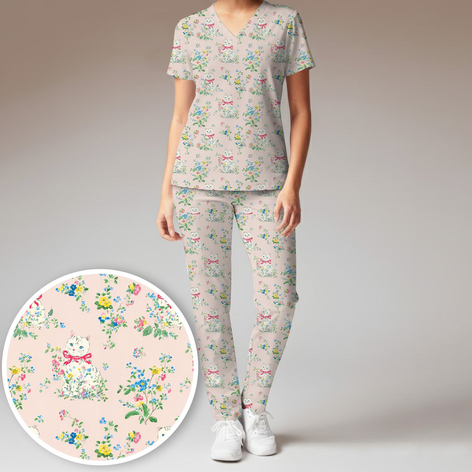 Vintage Floral Cat Print Scrub Set, Scrub Pants and V Neck Top