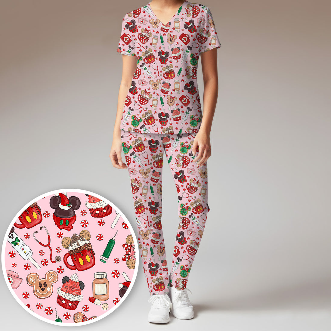 Gingerbread Christmas Comfortable Scrub Set for Nurses - Funny Cookies Candy Cupcake Pants and V Neck Top - Holiday Med Uniform