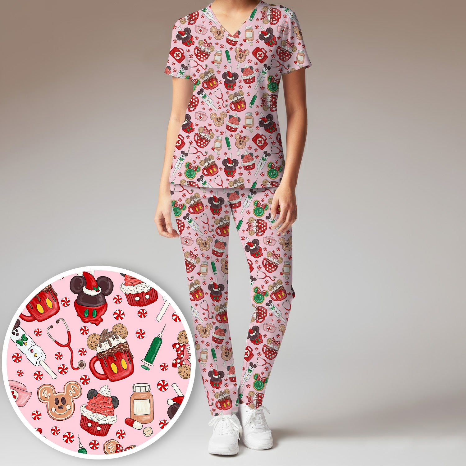 Gingerbread Christmas Comfortable Scrub Set for Nurses - Funny Cookies Candy Cupcake Pants and V Neck Top - Holiday Med Uniform