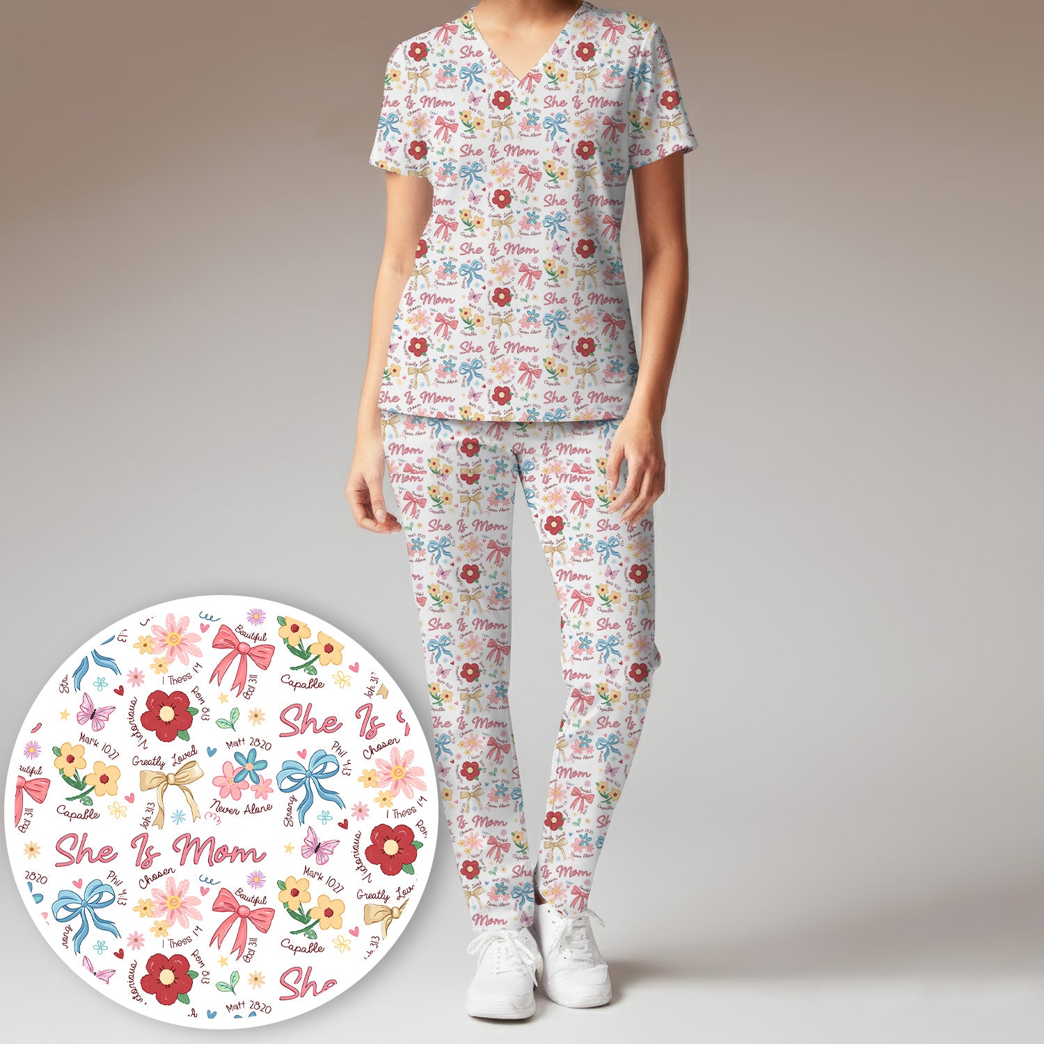 She Is Mom Flower Bow Pattern Scrub Set, Scrub Pants and V Neck Top