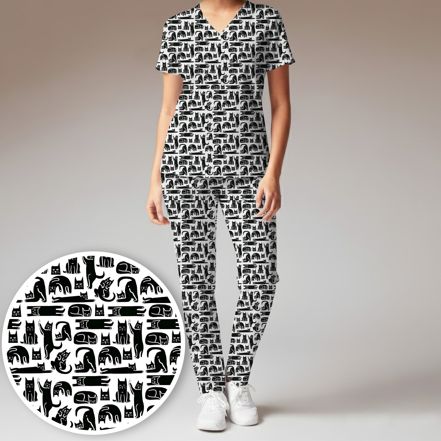 Cute Funny Cat Poses Print Scrub Sets, Scrub Pants and V Neck Top