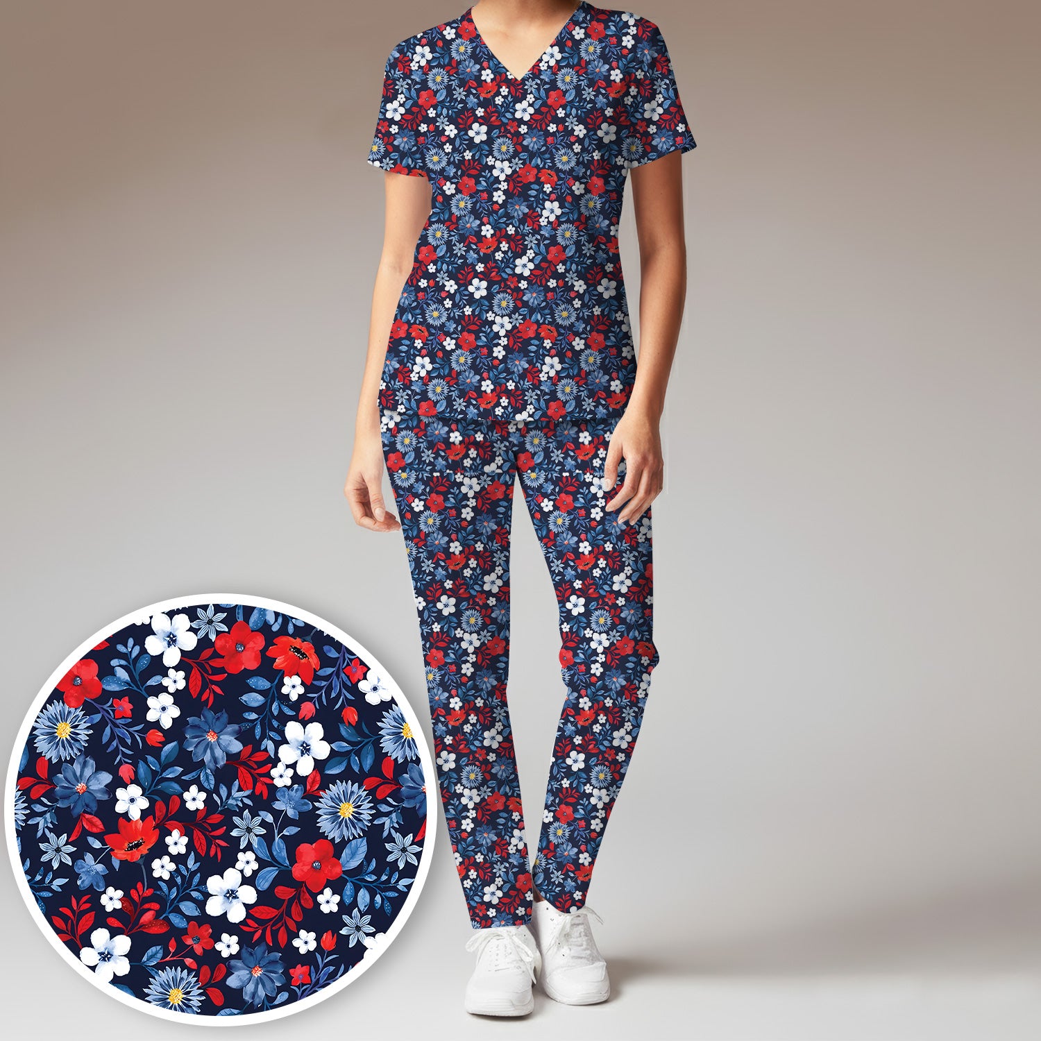 Navy Red Floral Nursing Scrub Set V-Neck, Medical Uniform for Healthcare Staff