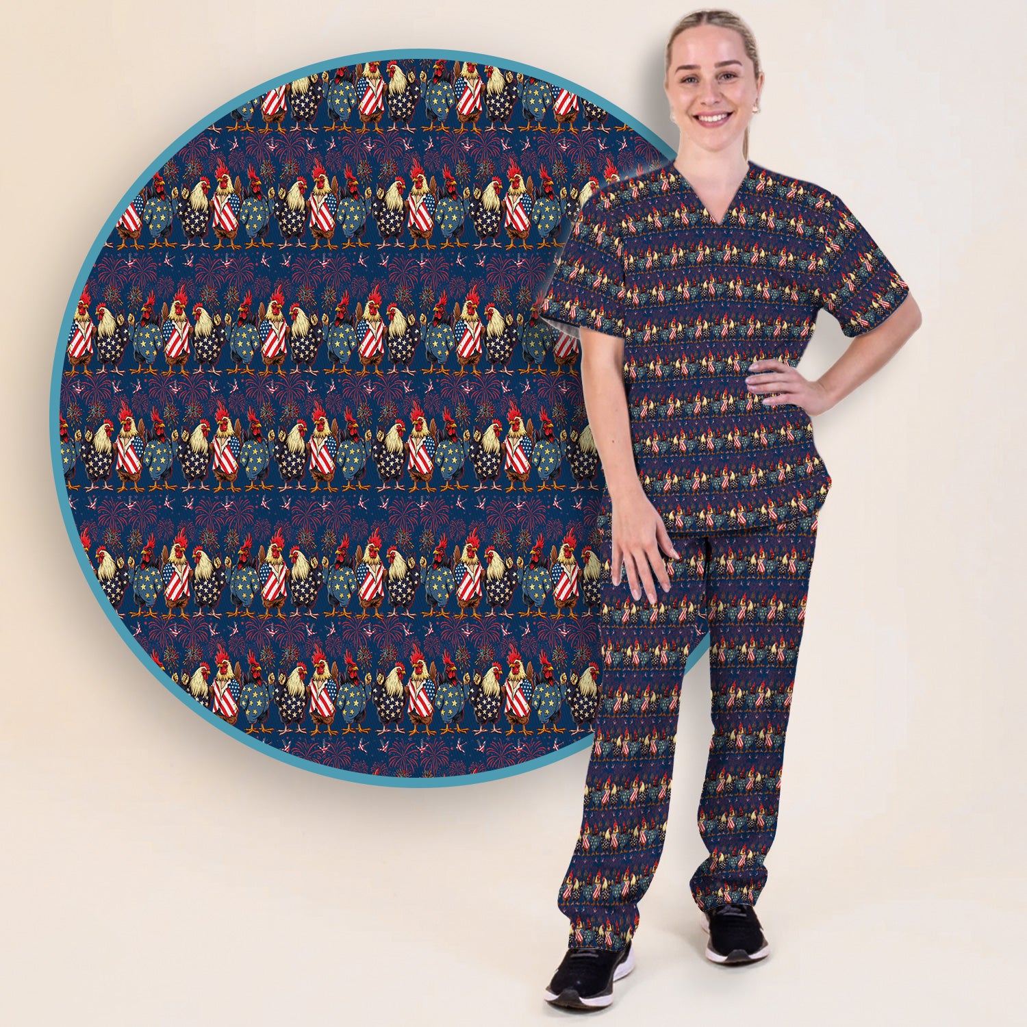 Patriotic Rooster Fireworks Pattern Scrub Set, Scrub Pants and V Neck Top