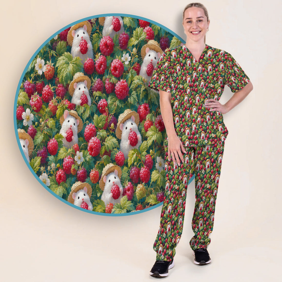 Cute Raspberry Mouse Garden Pattern Scrub Set, Scrub Pants and V Neck Top