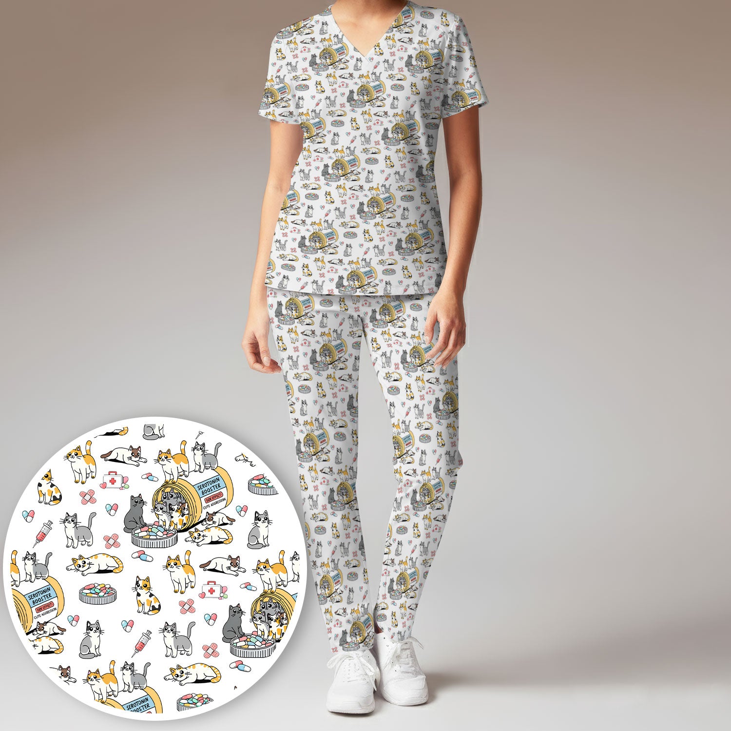 Cute Cat Serotonin Booster Pattern Women's Scrub Set, Breathable Med Uniform