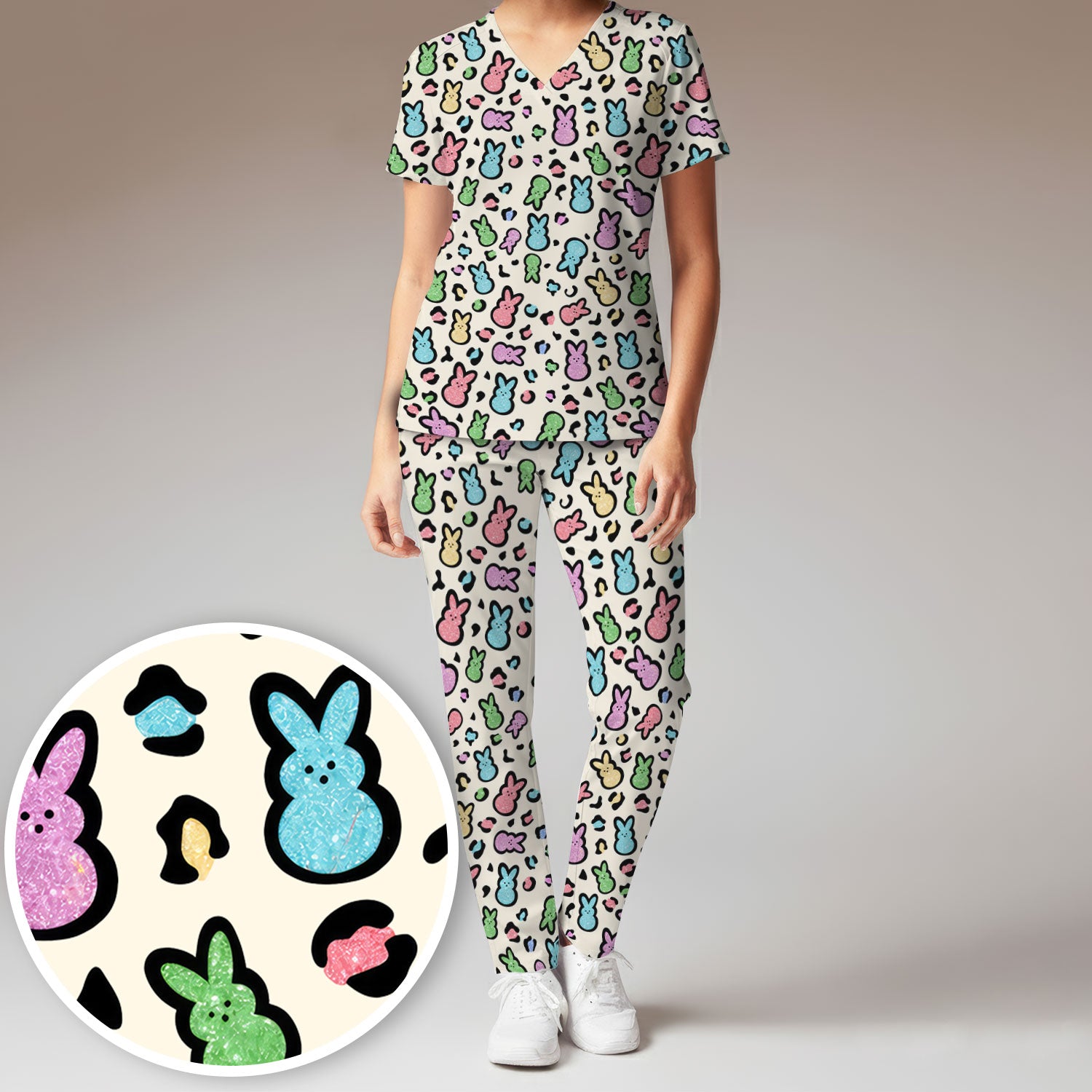 Cute Easter Bunny Pastel Pattern Scrub Set, Scrub Pants and V Neck Top