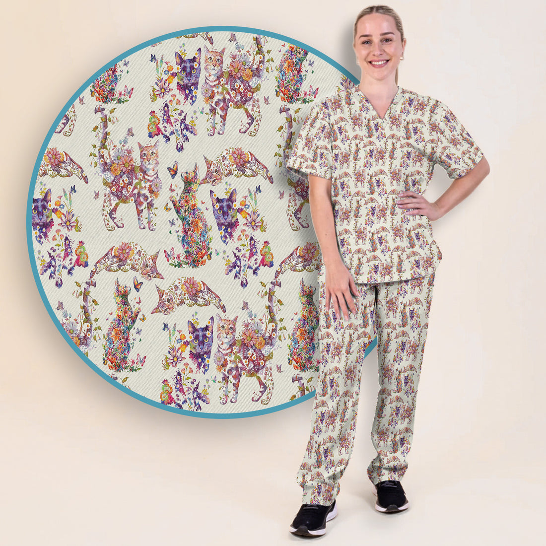 Whimsical Floral Cat Garden Pattern Scrub Set, Scrub Pants and V Neck Top