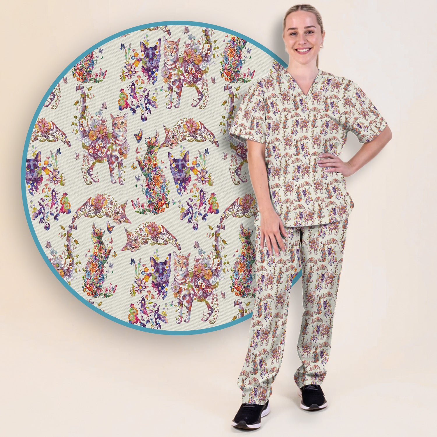 Whimsical Floral Cat Garden Pattern Scrub Set, Scrub Pants and V Neck Top