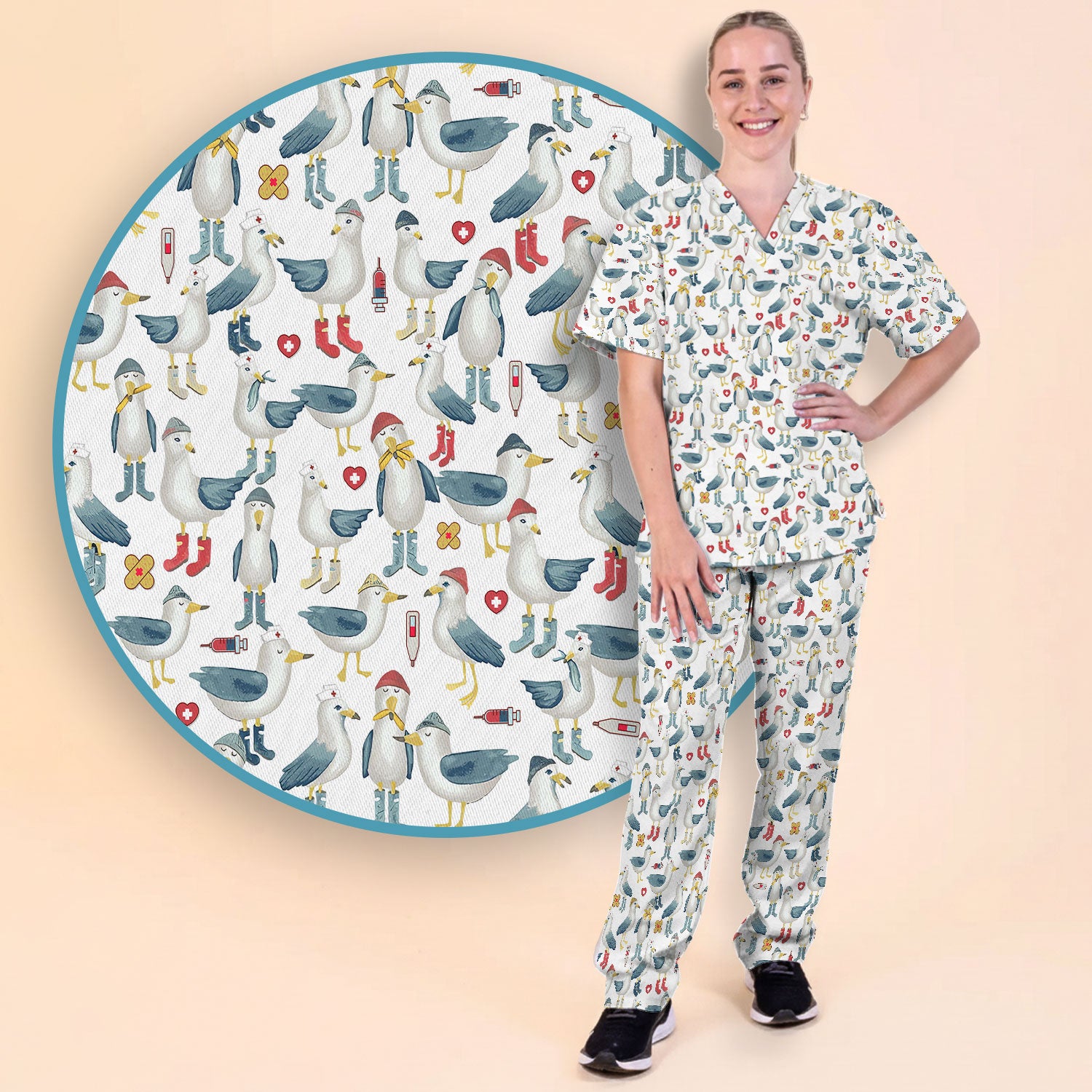 Seagull Scrub Set for Nurses - Adorable Birds Medical Uniform - Funny Scrubs Pants and V Neck Top for RN CNA LPN