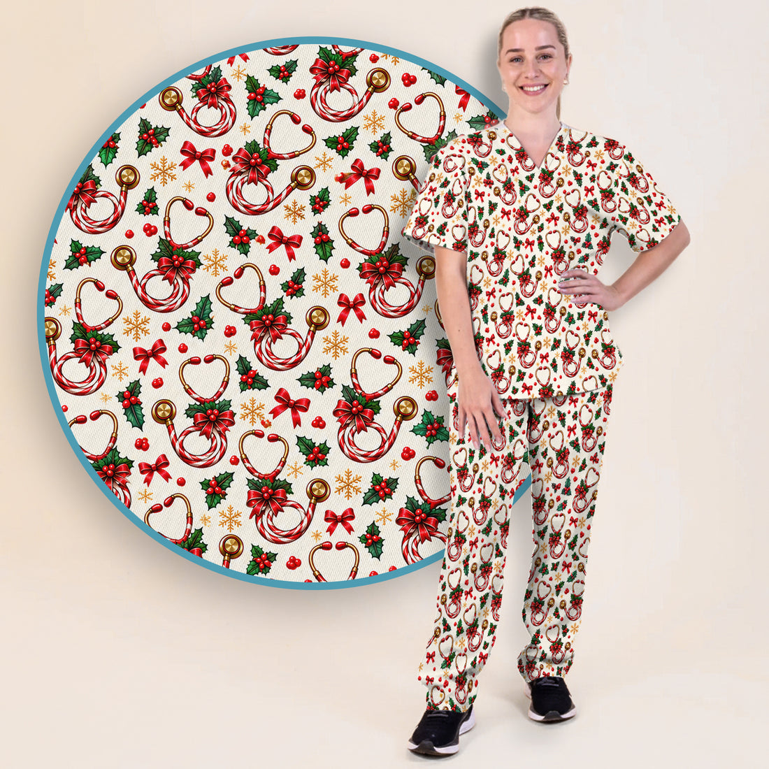 Christmas Candy Cane Stethoscope Pattern Scrub Set, Scrub Pants and V Neck Top