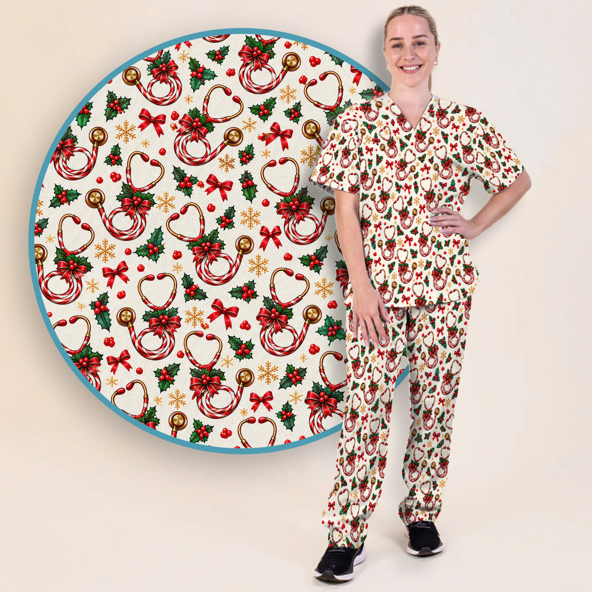 Christmas Candy Cane Stethoscope Pattern Scrub Set, Scrub Pants and V Neck Top