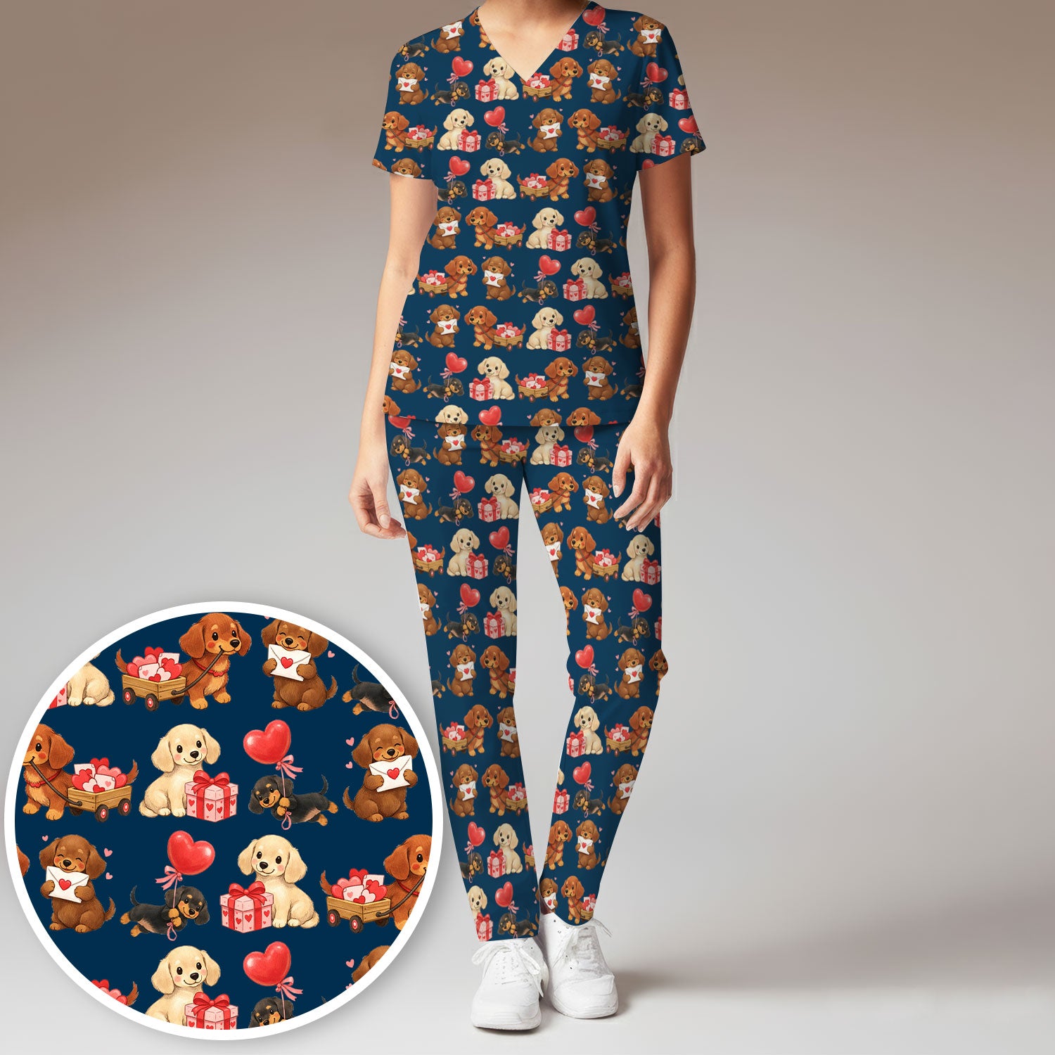 Cute Dachshund Nurse Scrub Set For Nurses, Wiener Dog Pattern Nurse Shirt, Breathable Fabrics Nursing Uniform