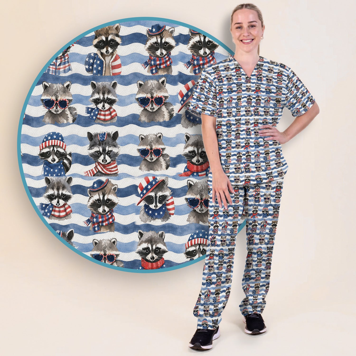 Patriotic Raccoon Watercolor Stripe Pattern Scrub Set, Scrub Pants and V Neck Top