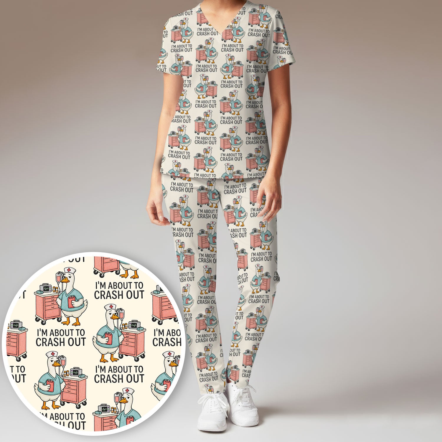 Funny Nurse Goose Crash Out Pattern Scrub Set, Nurse Uniform Scrubs Set