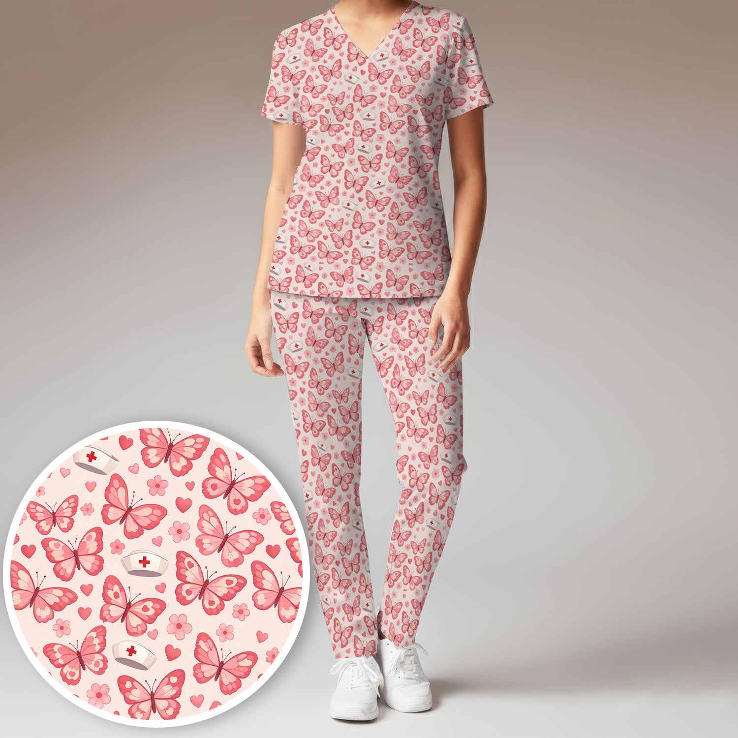 Valentine Butterfly Pattern Nurse Scrub Set, Pink Heart Medical Shirt For Women, Breathable Fabrics Nursing Uniform