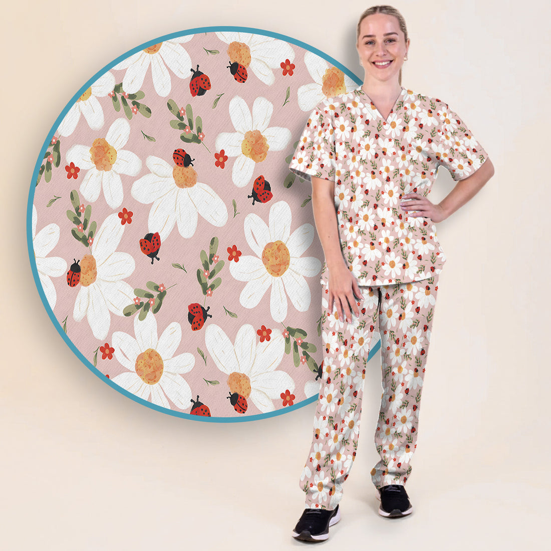 Daisy Ladybug Garden Blossom Pattern Scrub Set, Scrub Pants and V Neck Top