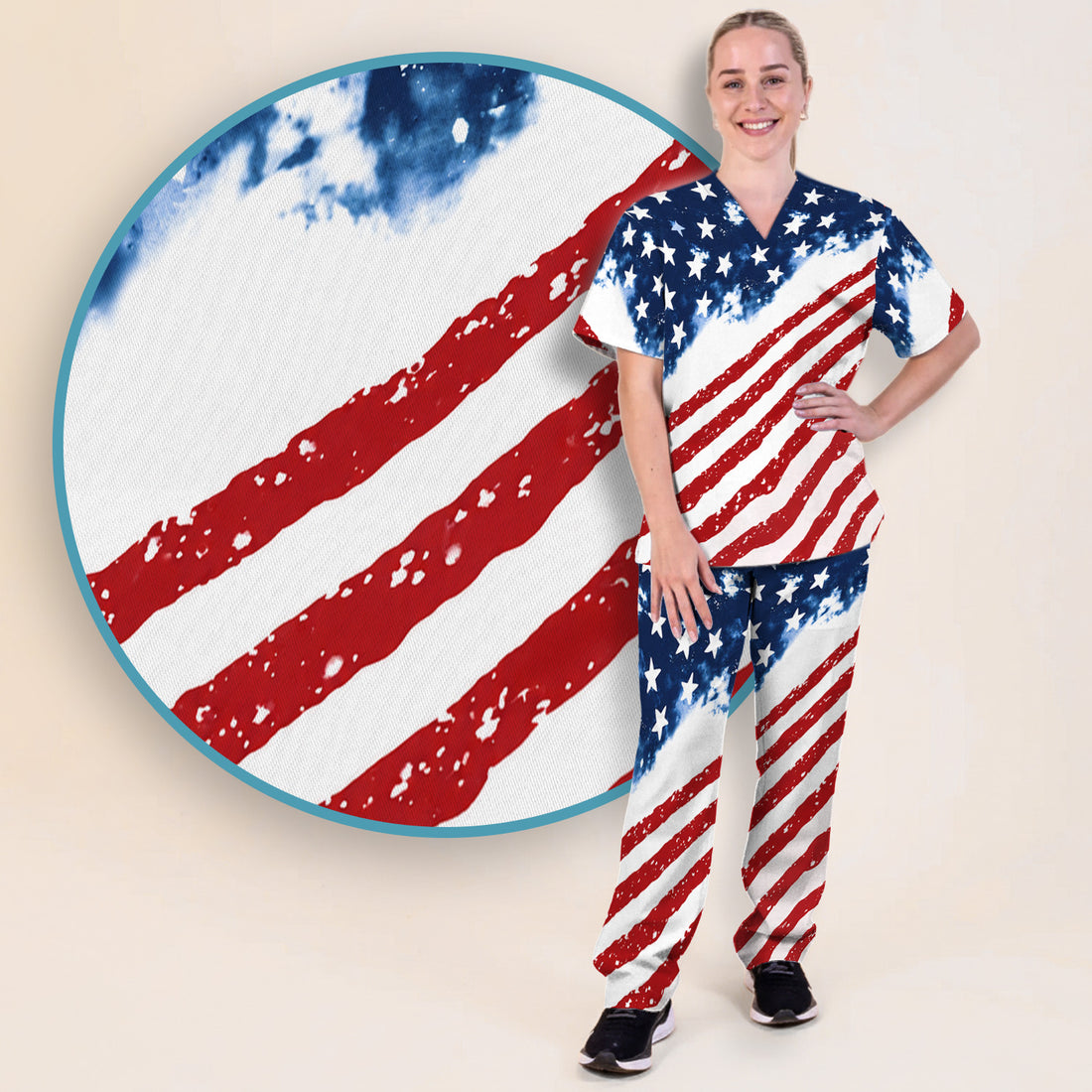 USA Stars And Stripes Pattern Scrub Set, Scrub Pants and V Neck Top