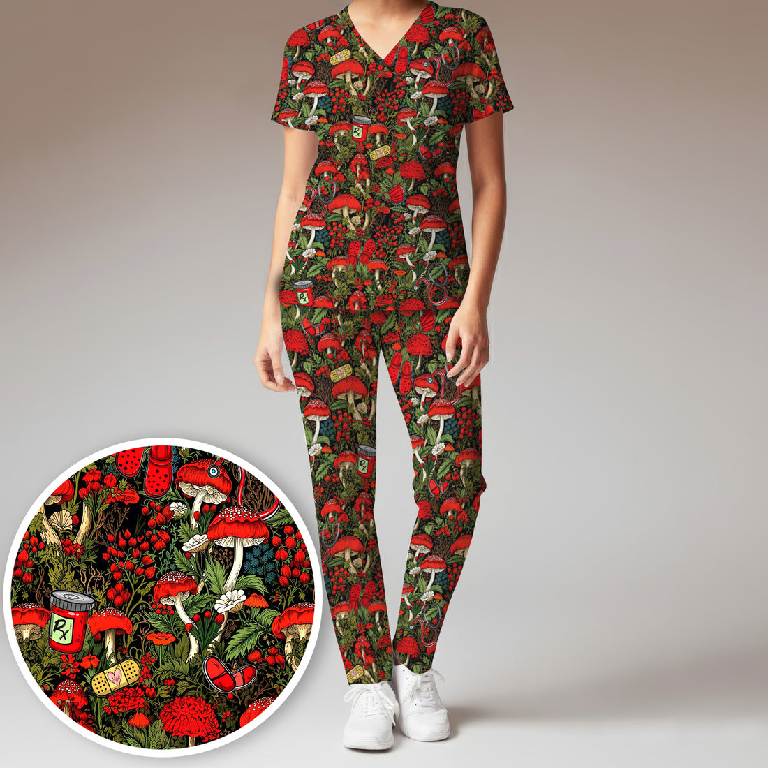 Red Mushroom Medical Forest Pattern Scrub Set, Scrub Pants and V Neck Top
