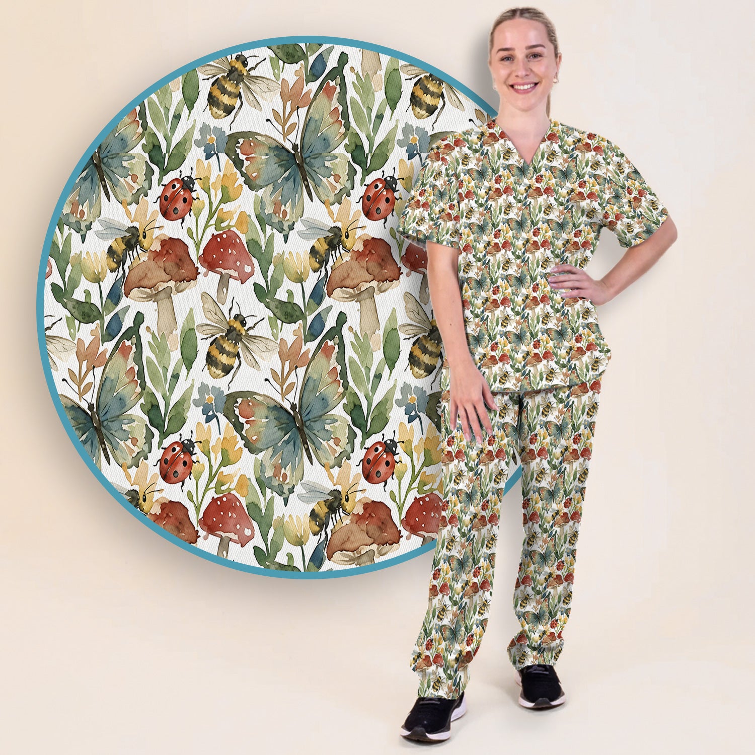 Butterfly Bee With Floral Mushroom Scrub Set, Scrub Pants and V Neck Top