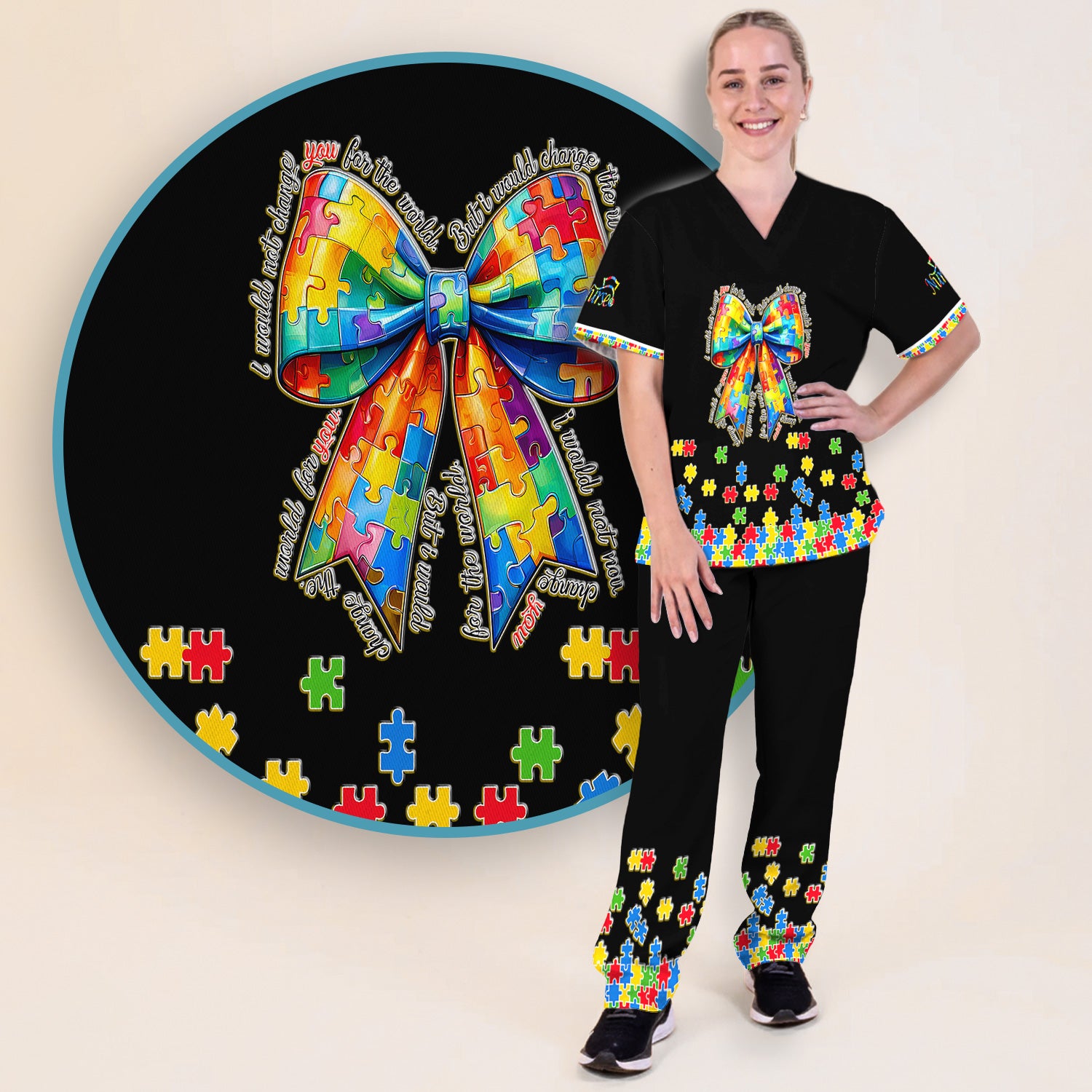 Autism Puzzle Bow Colorful Pieces Print Scrub Set, Breathable Med Uniform